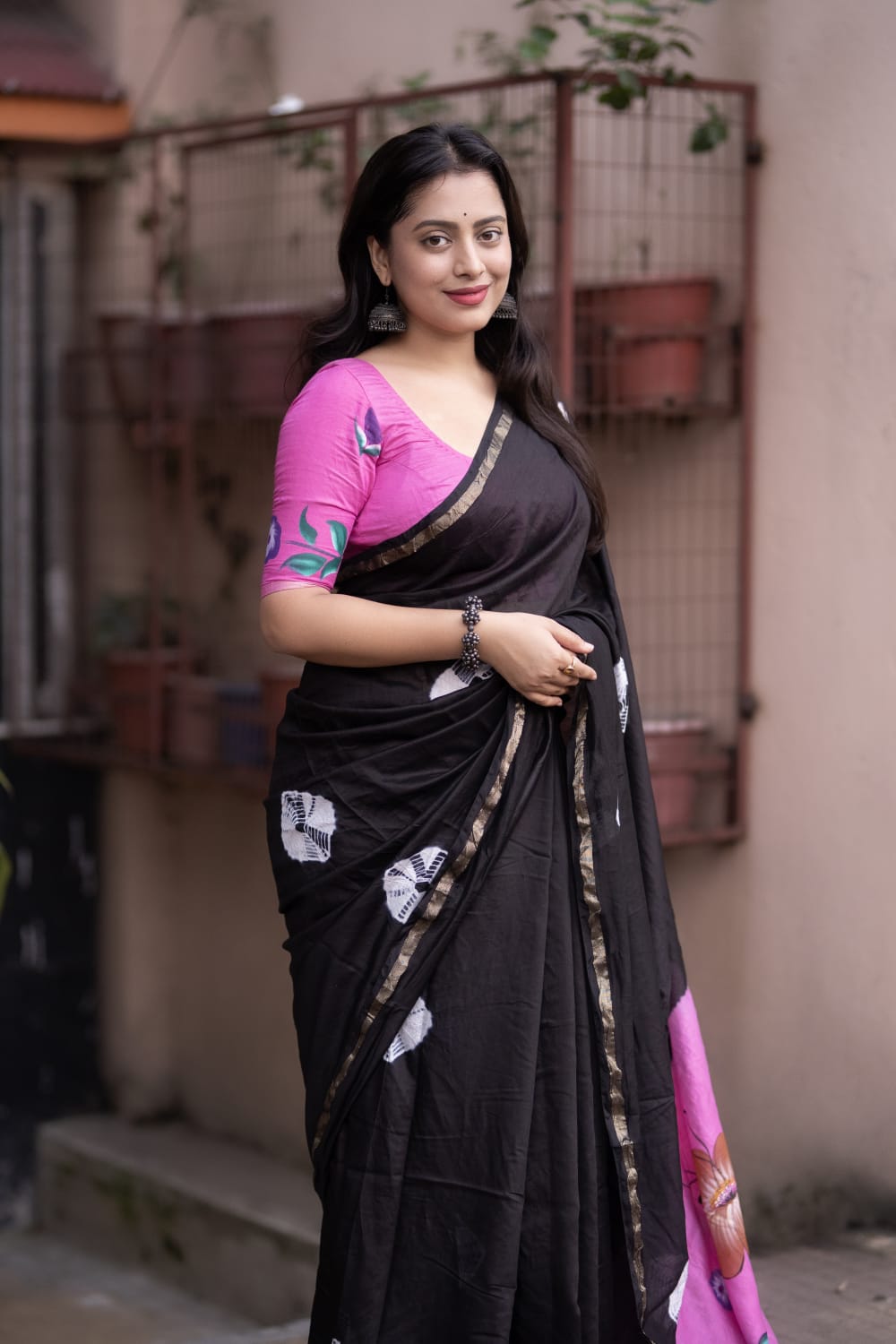 Black and Pink Color Pure Chanderi Cotton Saree With Batik Butta and Contrast With Hand Painted Pallu