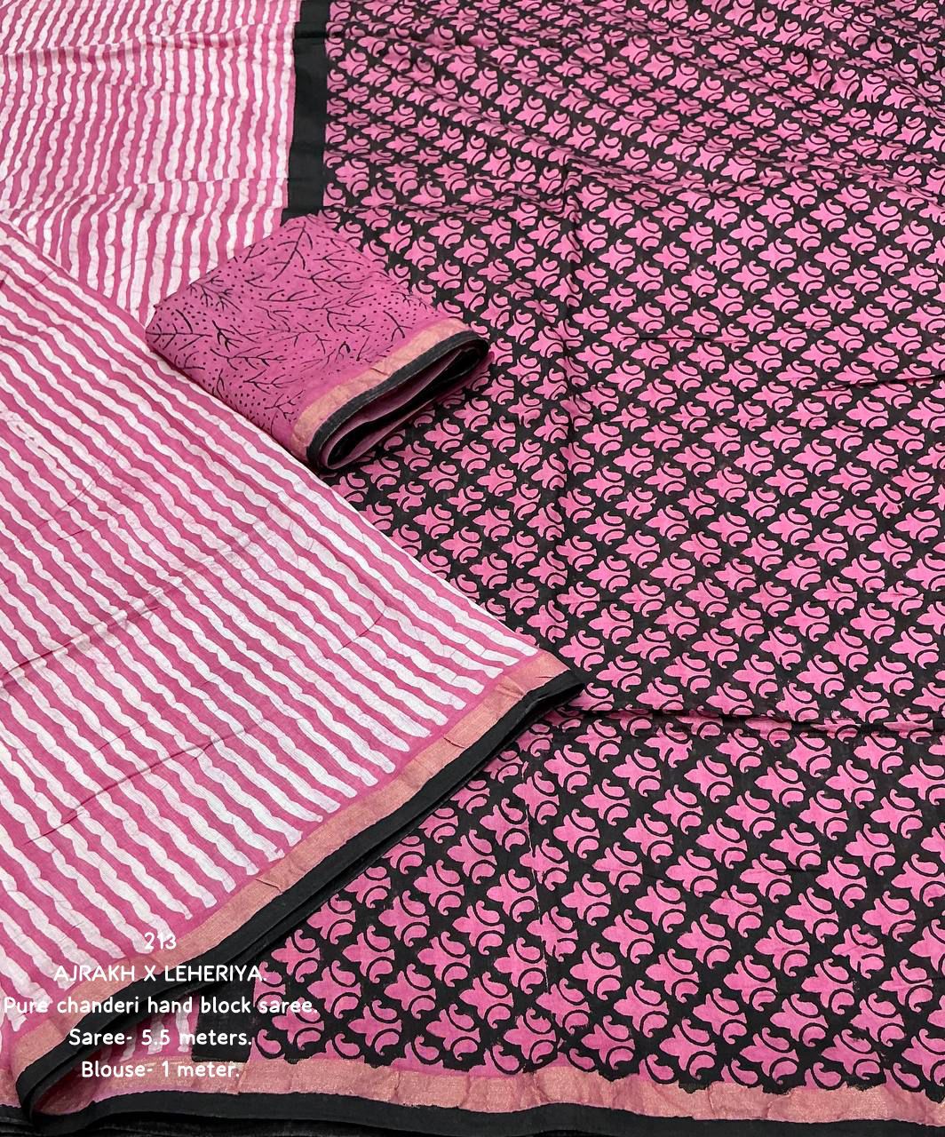 Barbie Pink Color Premium Cotton Leheriya Batik Saree With Ajrakh Pallu