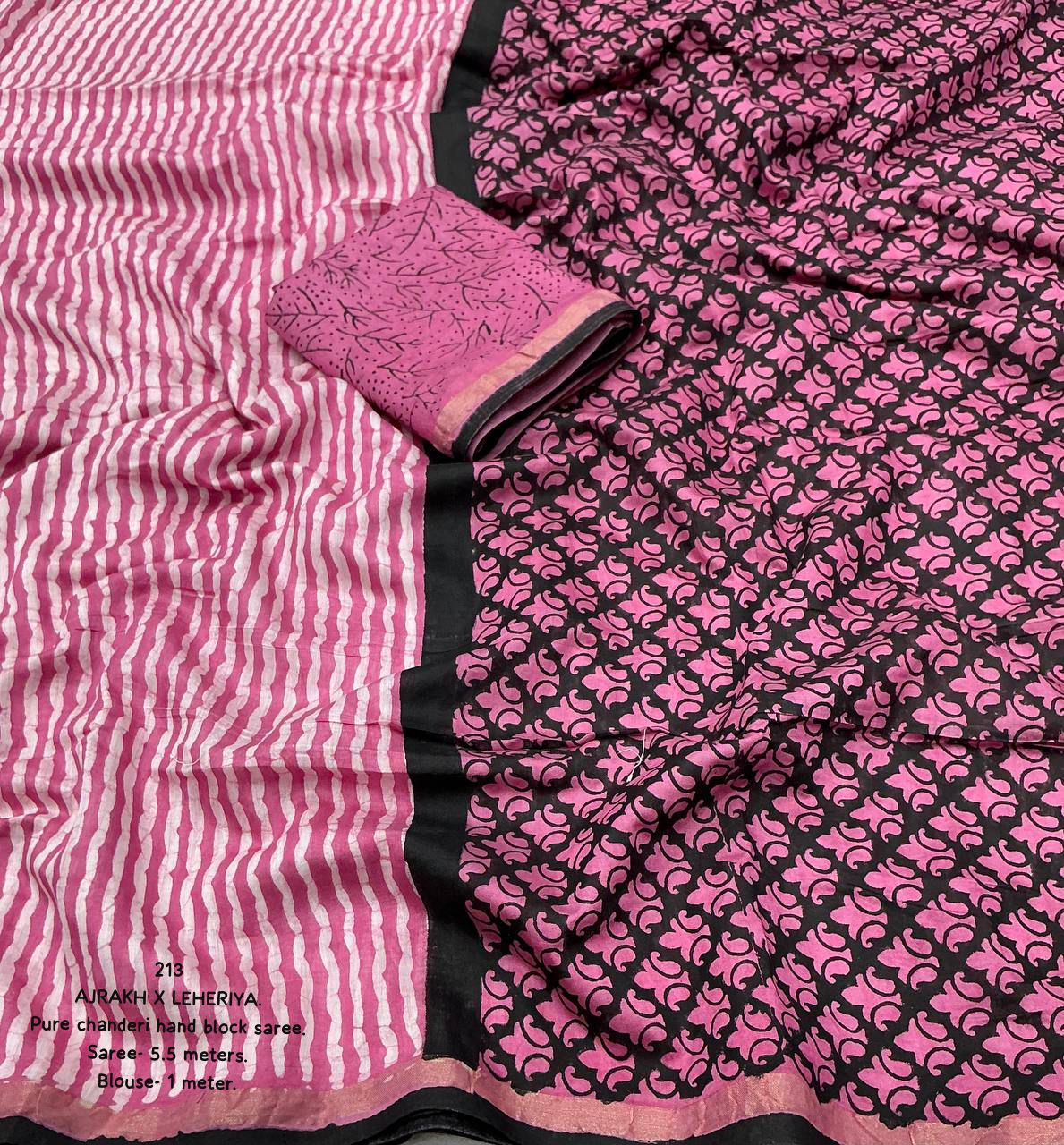 Barbie Pink Color Premium Cotton Leheriya Batik Saree With Ajrakh Pallu