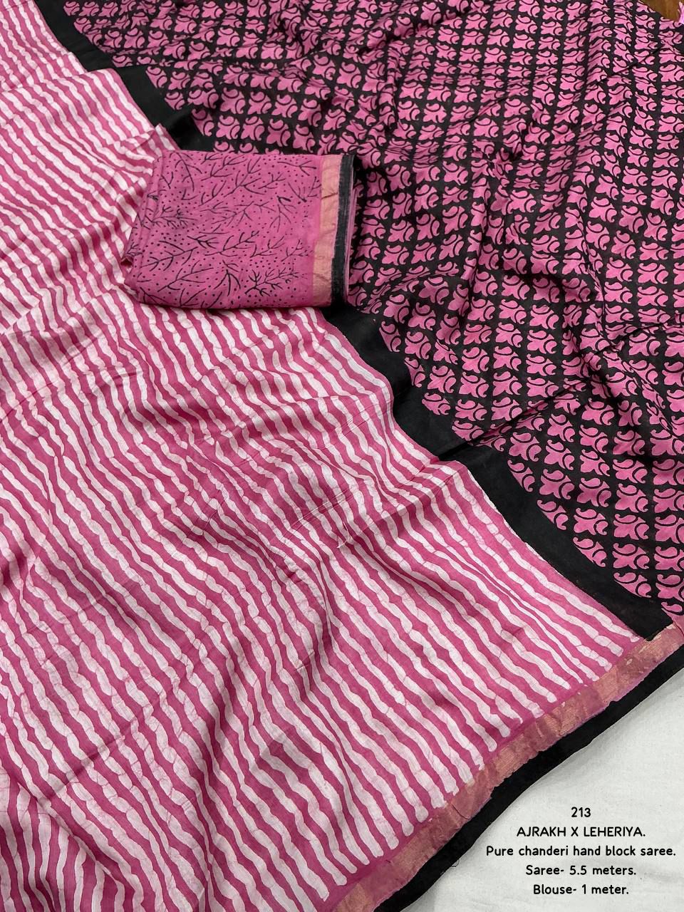 Barbie Pink Color Premium Cotton Leheriya Batik Saree With Ajrakh Pallu