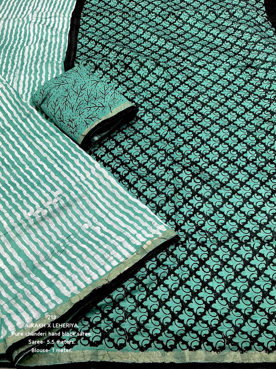 Acapulco Green Color Premium Cotton Leheriya Batik Saree With Ajrakh Pallu