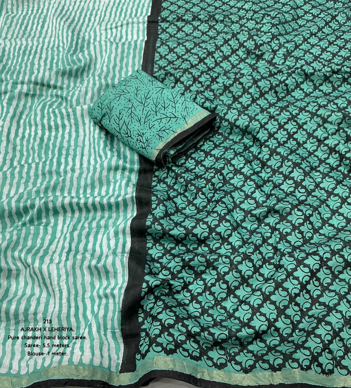 Acapulco Green Color Premium Cotton Leheriya Batik Saree With Ajrakh Pallu