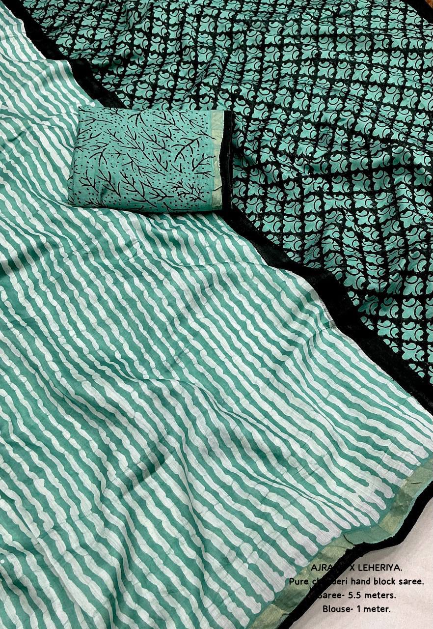 Acapulco Green Color Premium Cotton Leheriya Batik Saree With Ajrakh Pallu