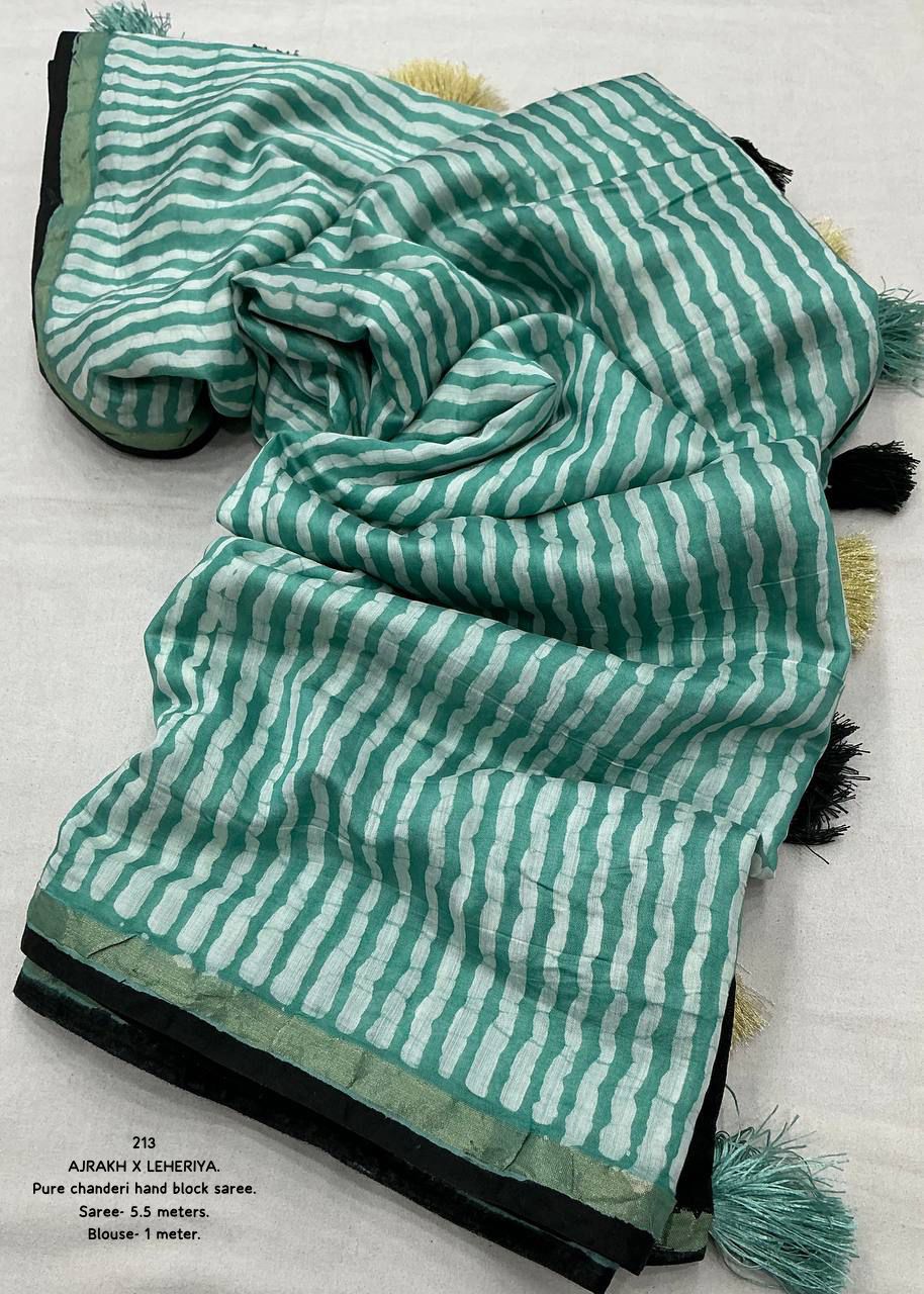 Acapulco Green Color Premium Cotton Leheriya Batik Saree With Ajrakh Pallu