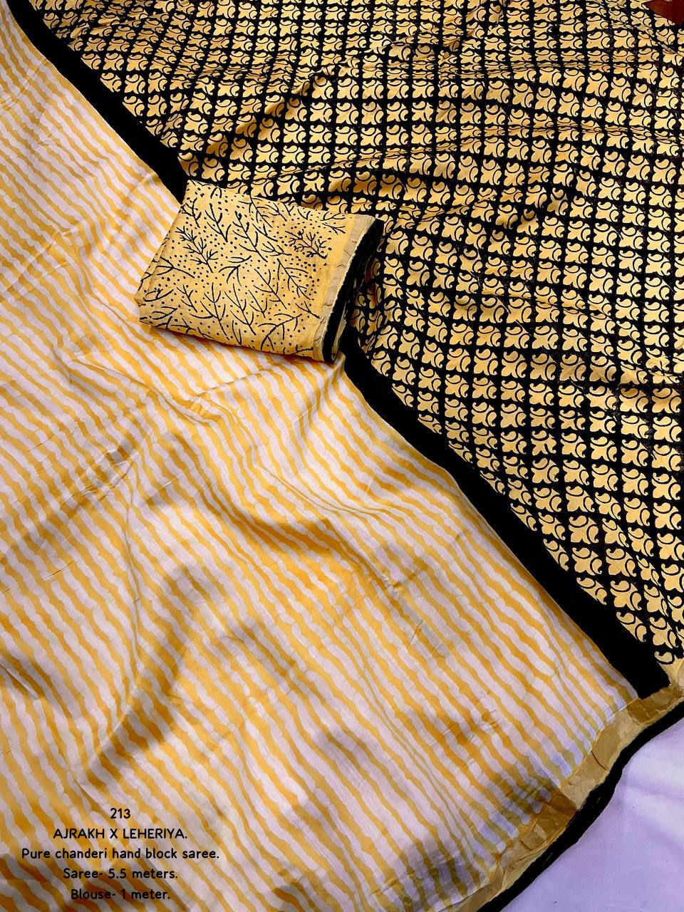 Light Yellow Color Premium Cotton Leheriya Batik Saree With Ajrakh Pallu