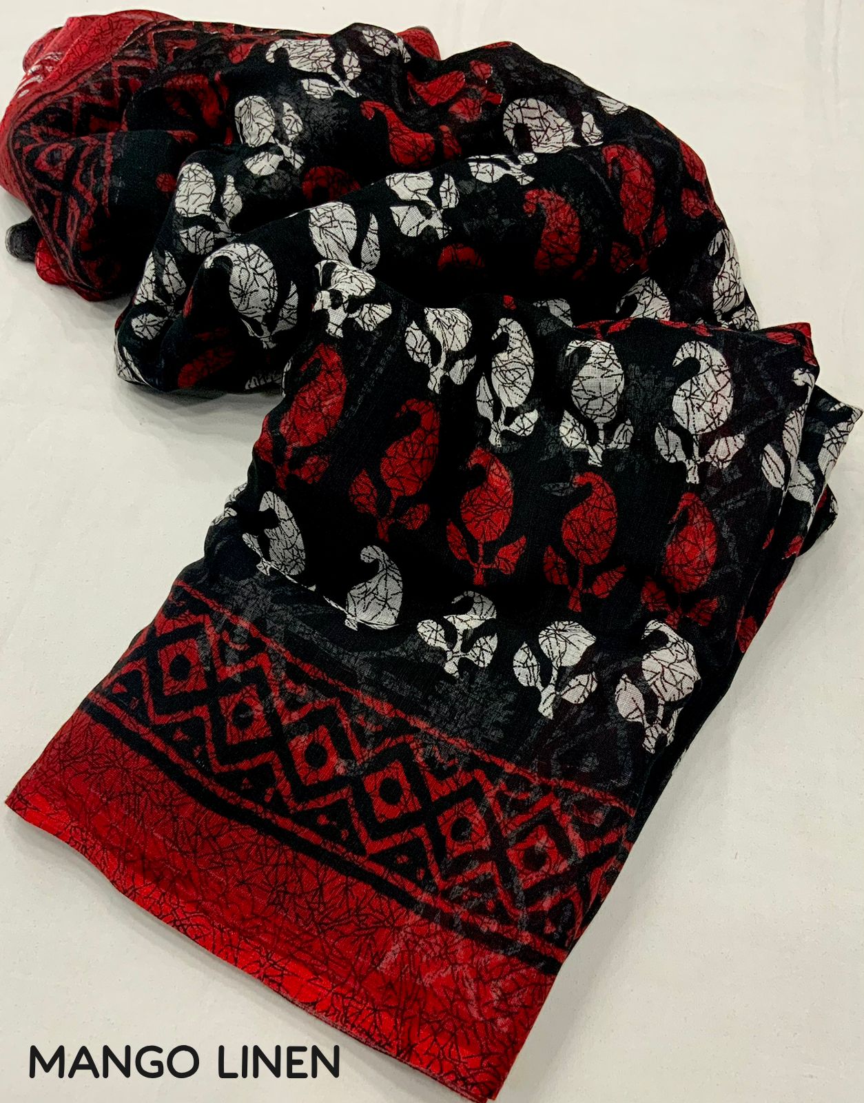 Black and Red Color Soft Linen Printed Saree