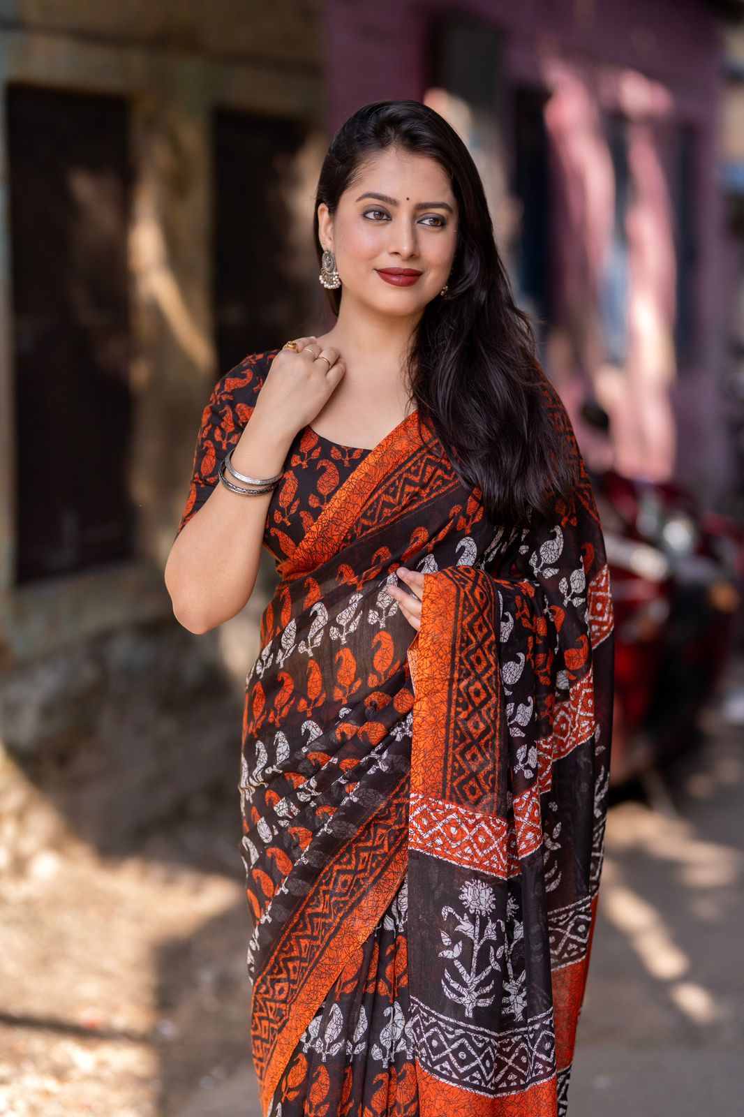 Black and Orange Color Soft Linen Printed Saree