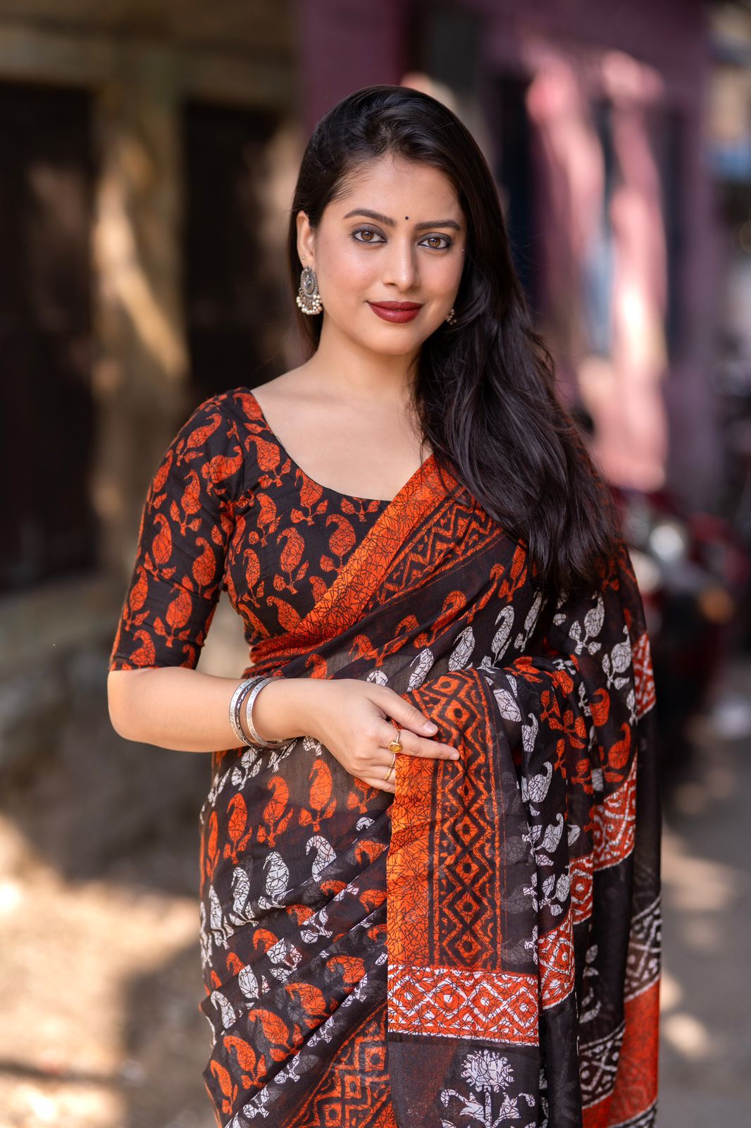 Black and Orange Color Soft Linen Printed Saree