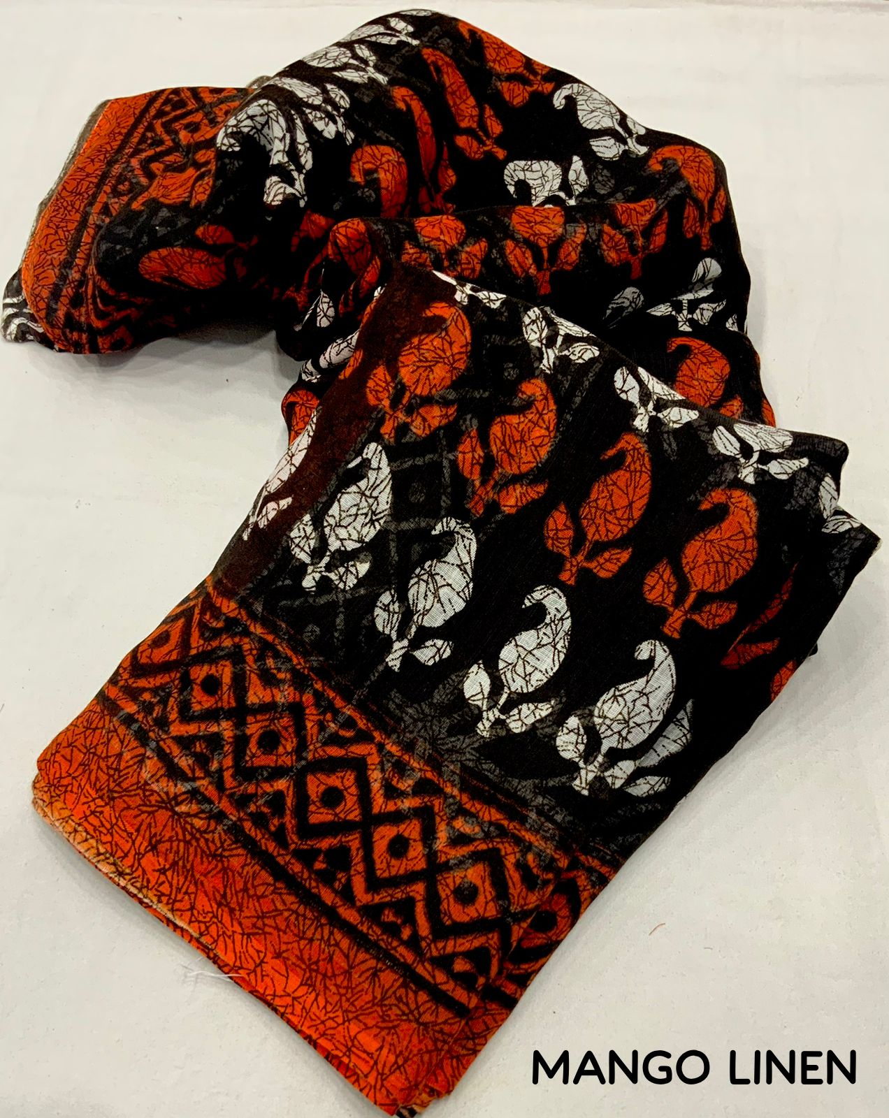 Black and Orange Color Soft Linen Printed Saree