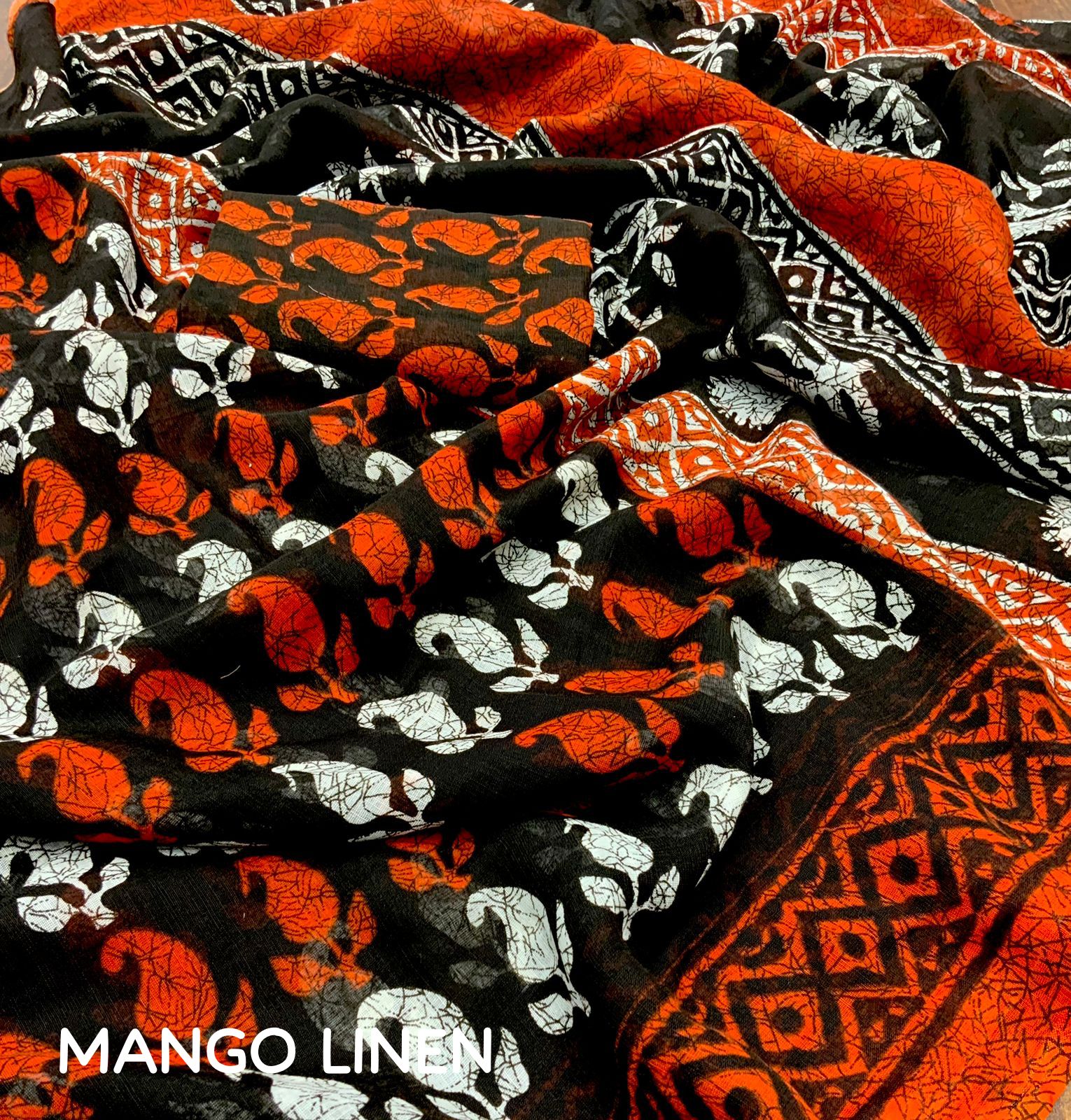 Black and Orange Color Soft Linen Printed Saree