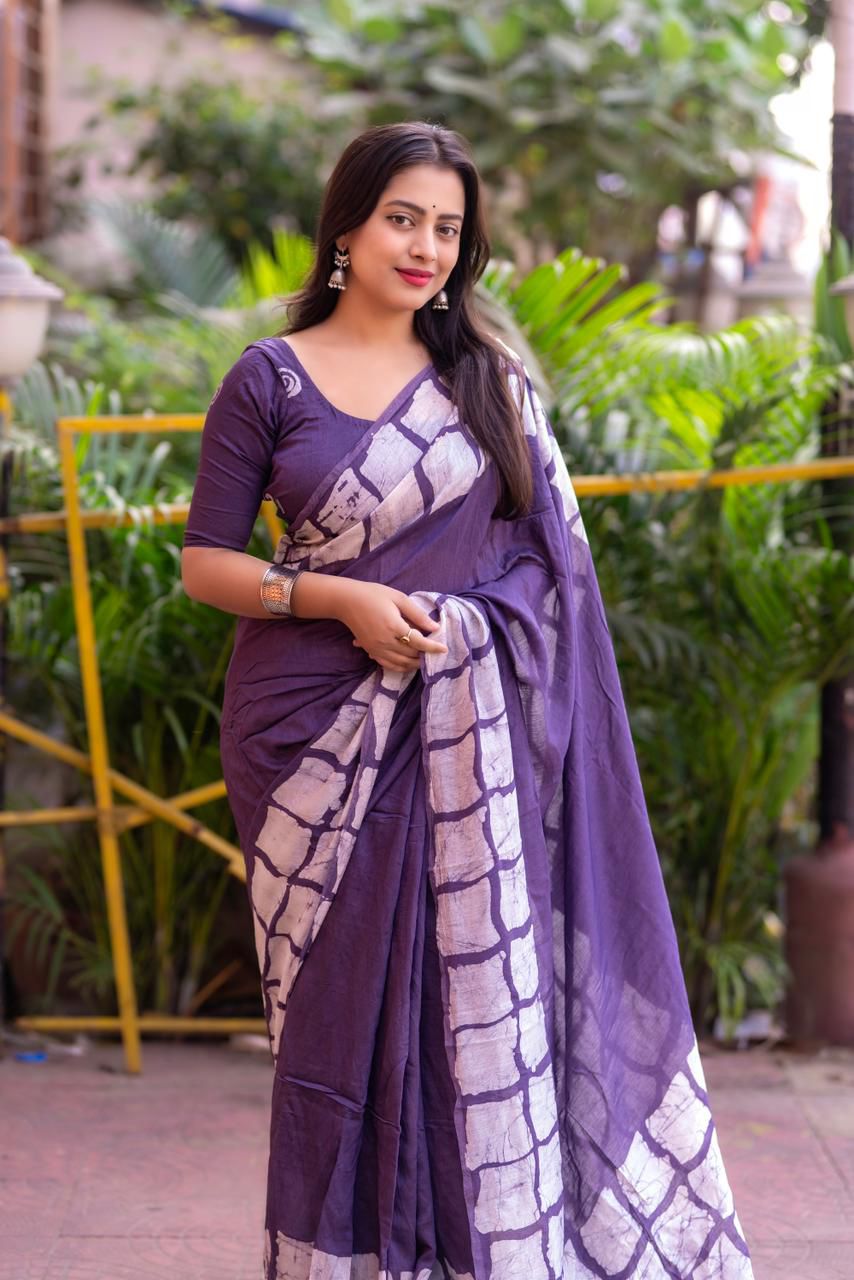 Purple Color Chanderi Cotton Saree With Gala Style Batik Prints On Both Side