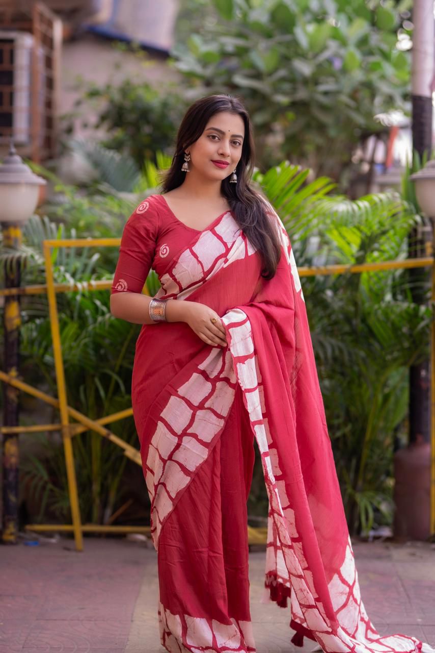 Red Color Chanderi Cotton Saree With Gala Style Batik Prints On Both Side