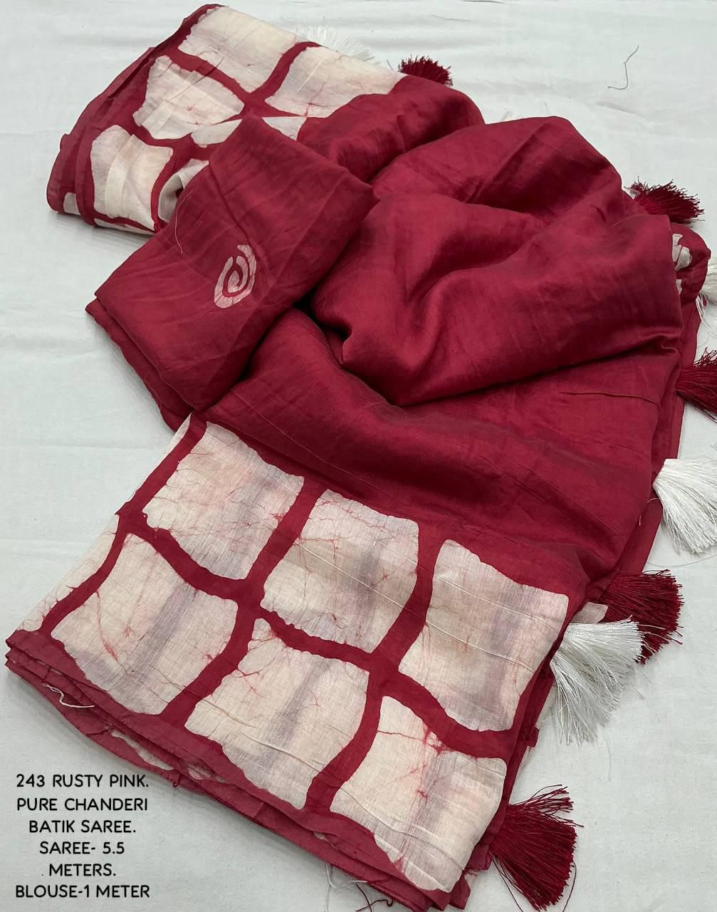 Red Color Chanderi Cotton Saree With Gala Style Batik Prints On Both Side