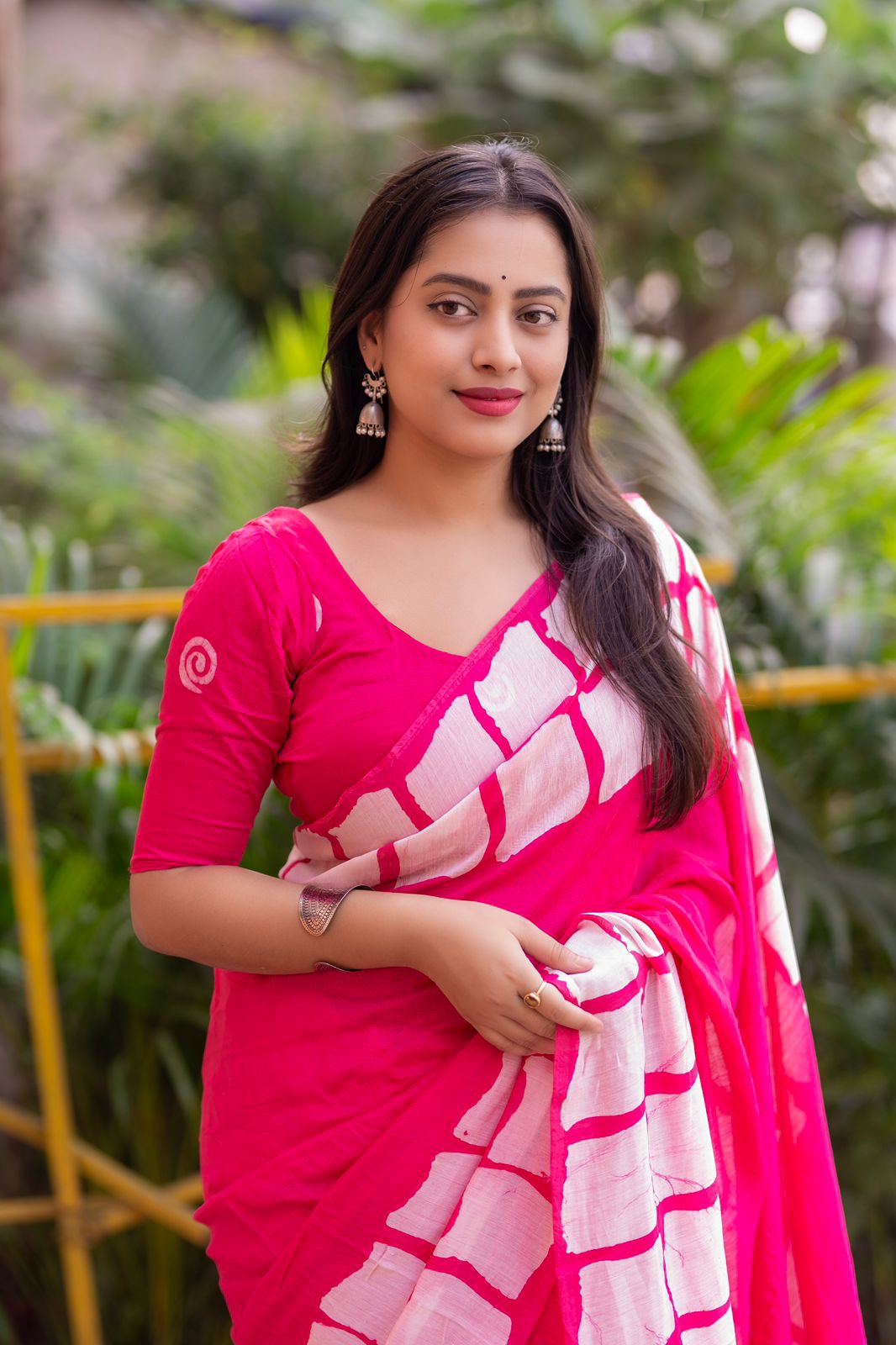 Pink Color Chanderi Cotton Saree With Gala Style Batik Prints On Both Side