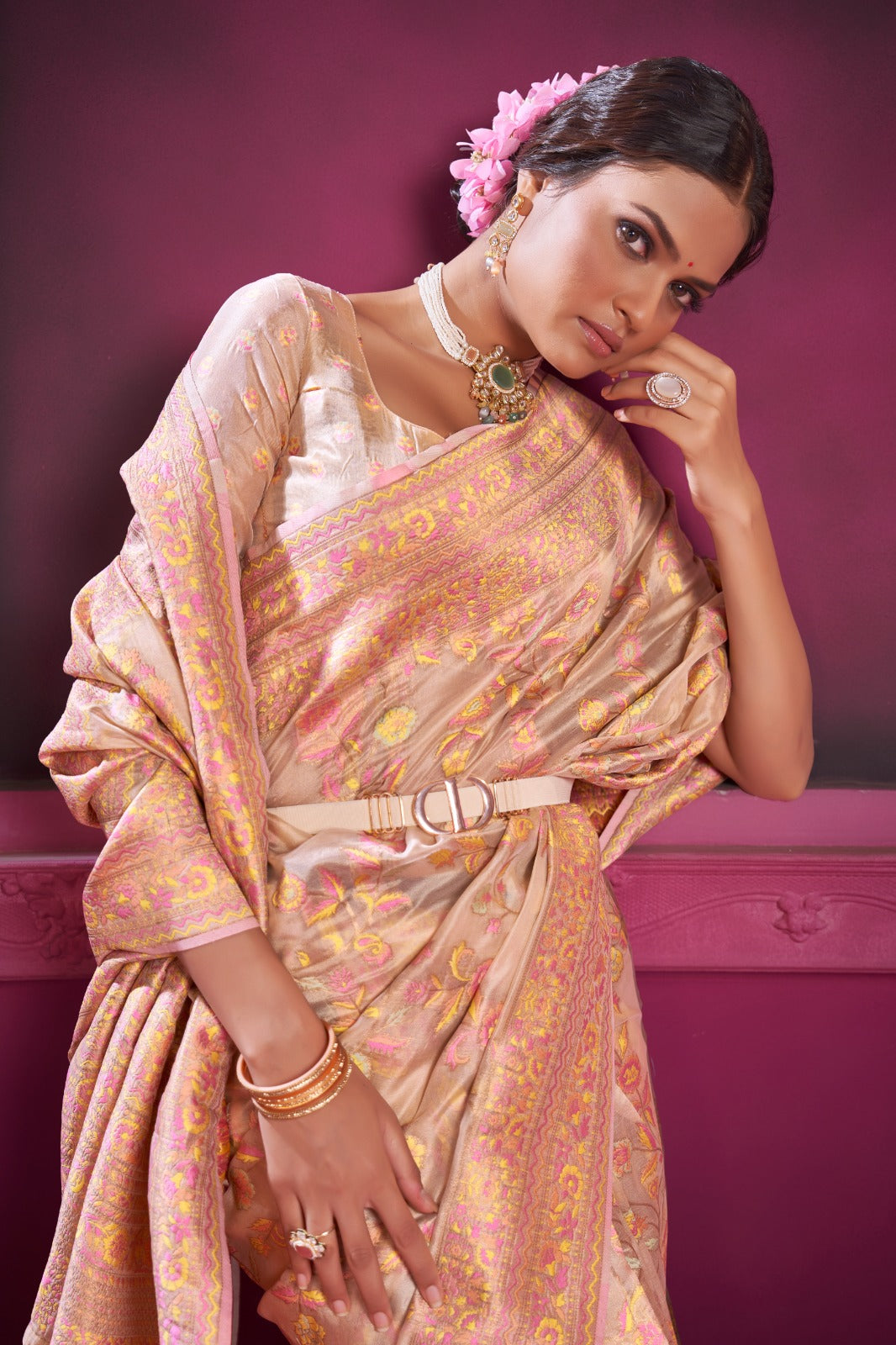 Rose Bud Peach Kashmiri Organza Handloom Saree