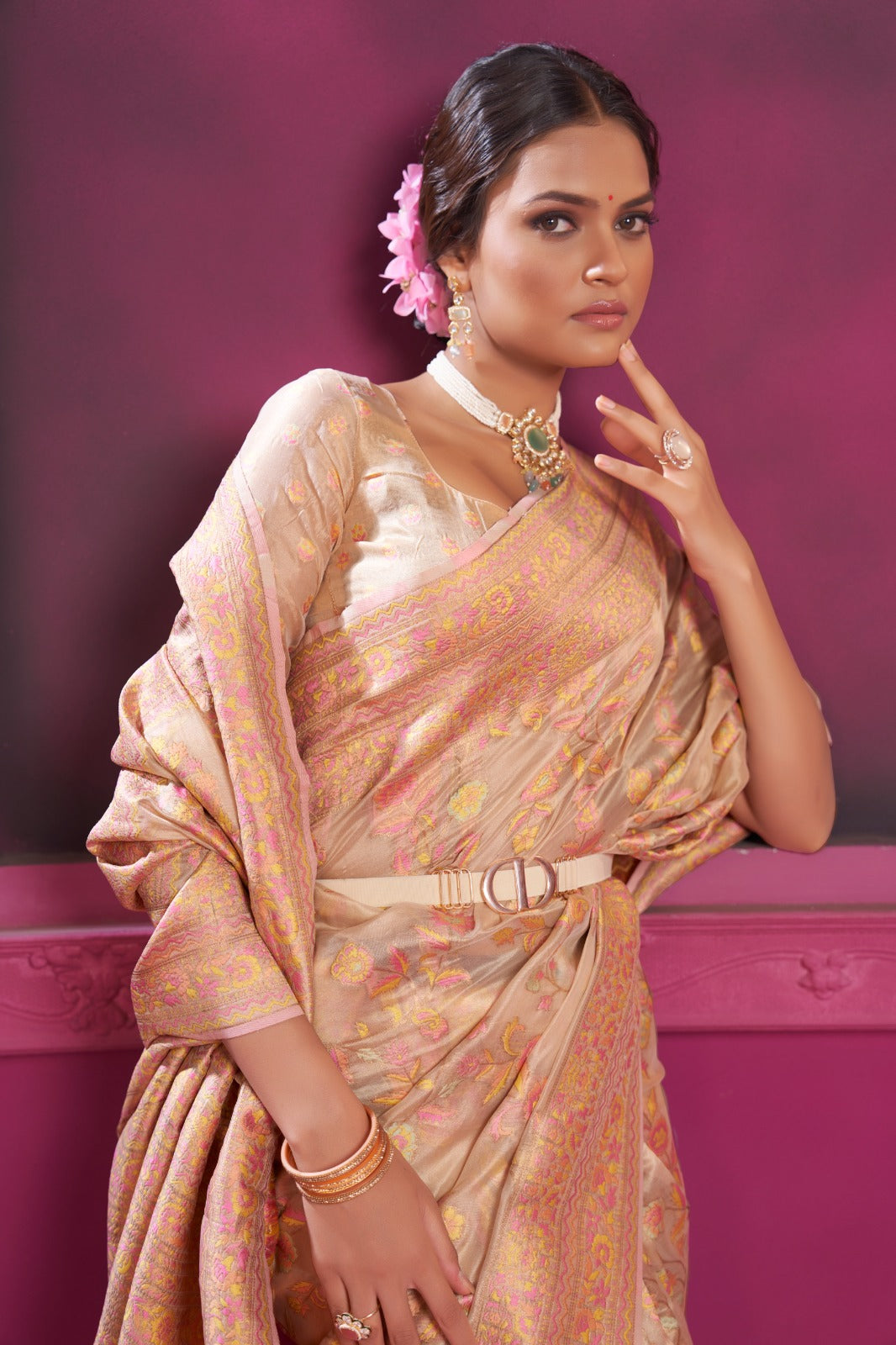 Rose Bud Peach Kashmiri Organza Handloom Saree