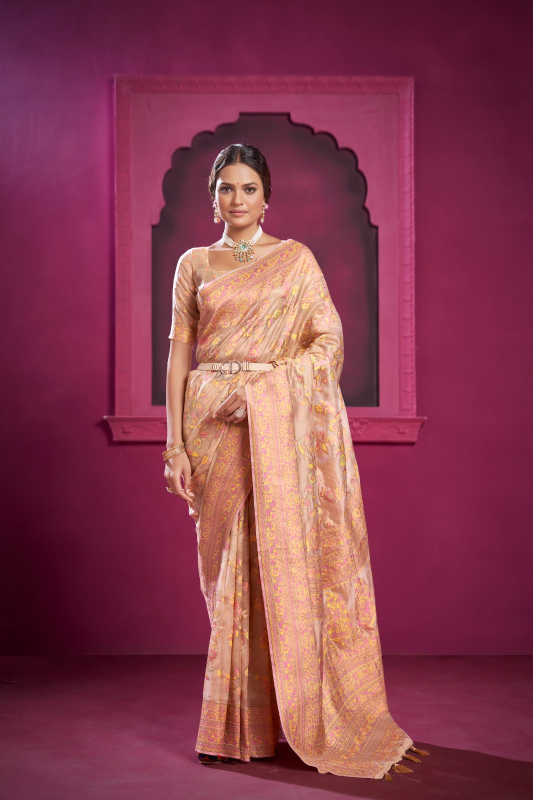 Rose Bud Peach Kashmiri Organza Handloom Saree