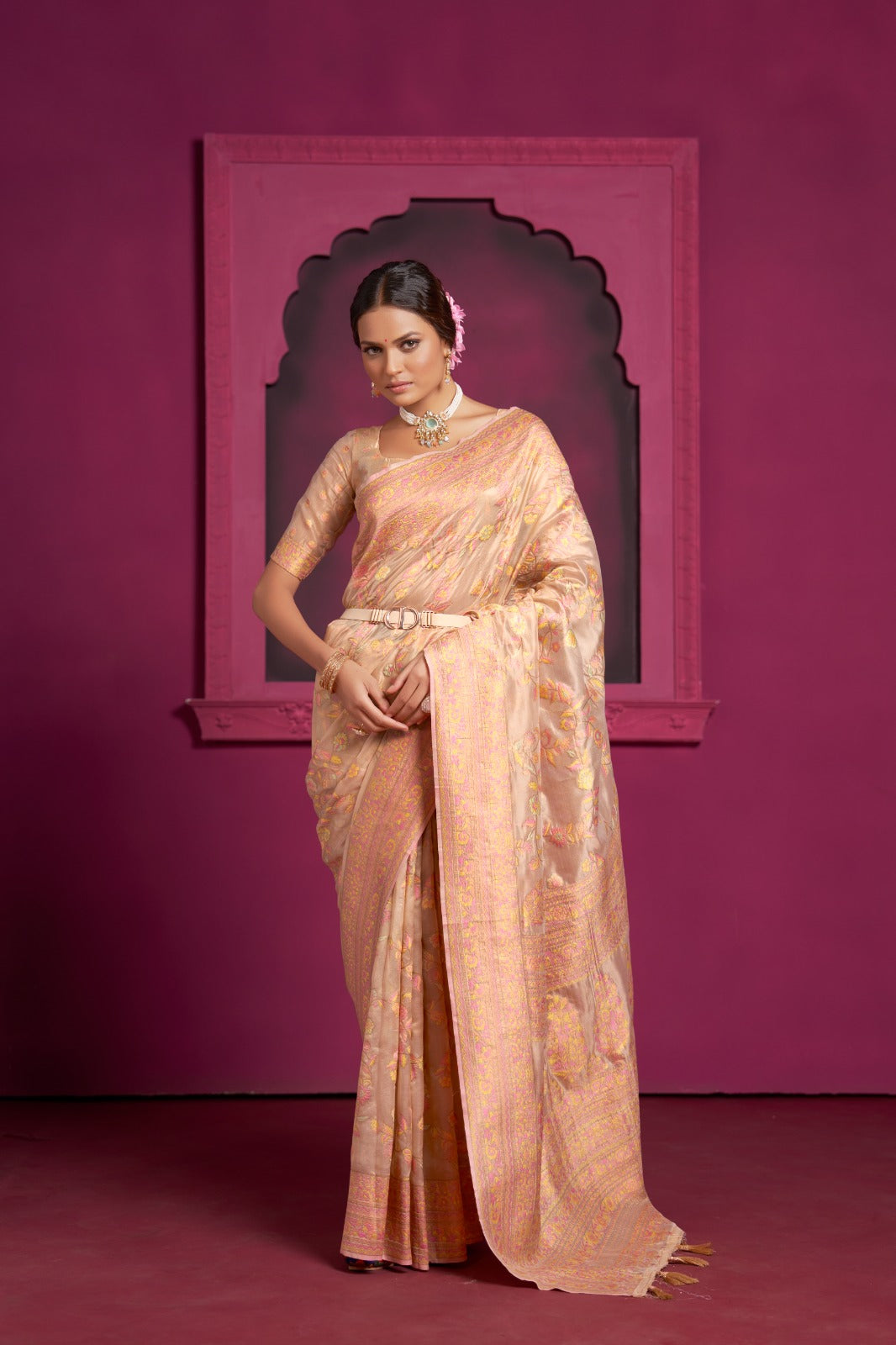 Rose Bud Peach Kashmiri Organza Handloom Saree