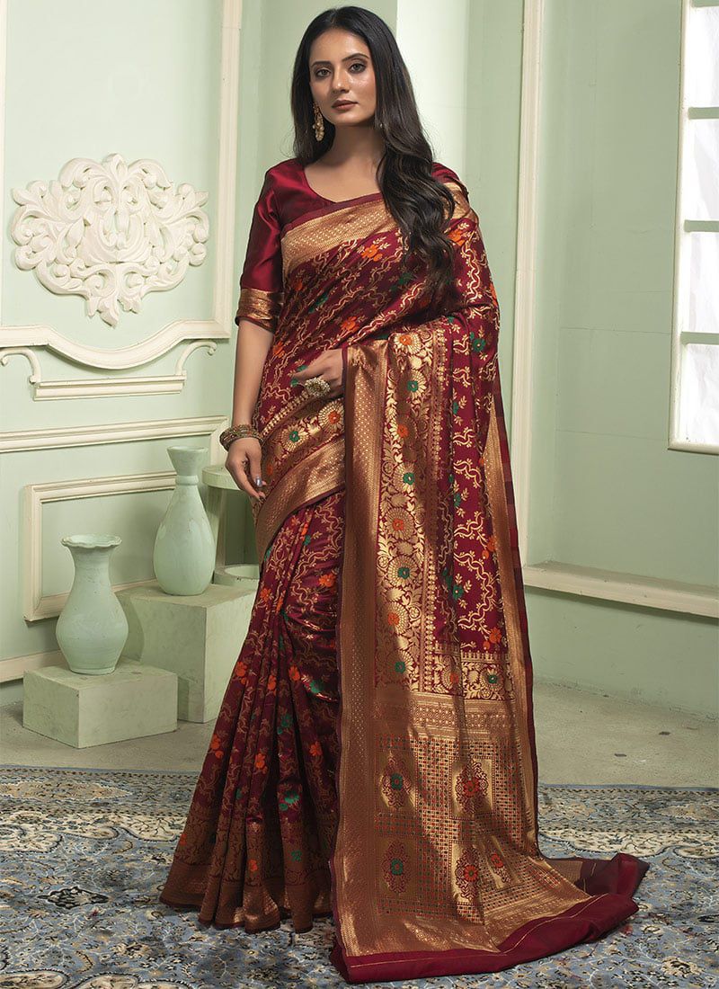 Woven Art Silk Jacquard Saree in Maroon