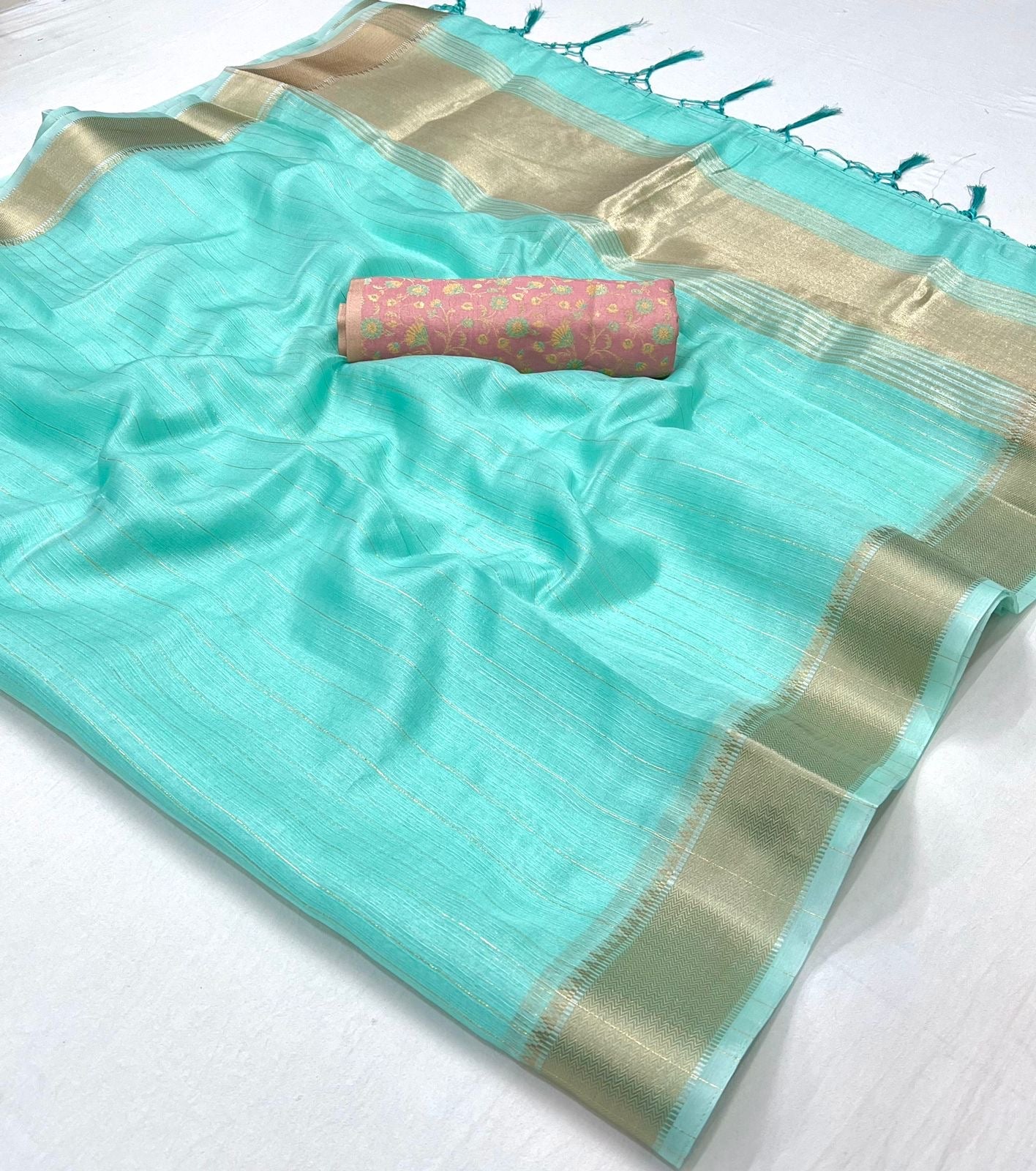 Bright Turquoise Blue Chiffon Handloom Saree