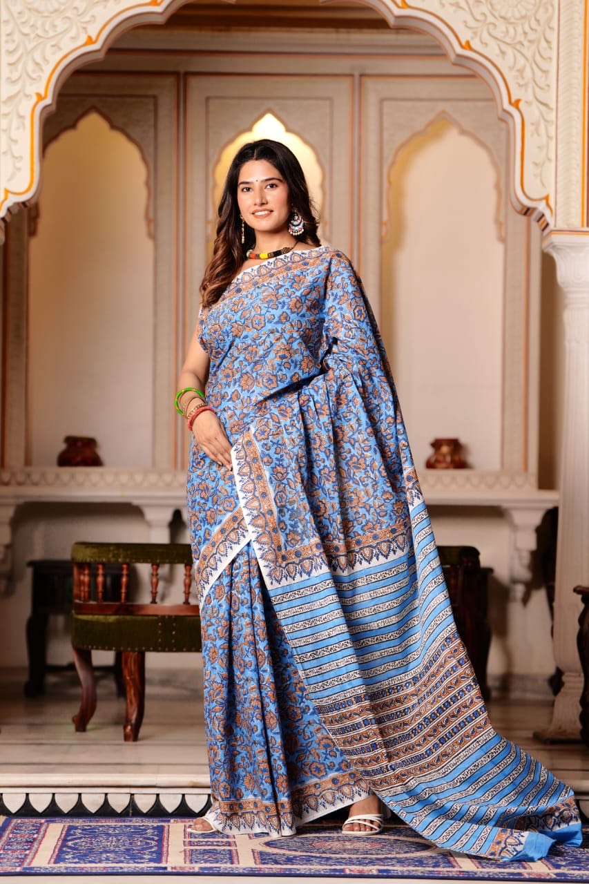 Hoki Blue Pure Cotton Handblock Printed Saree