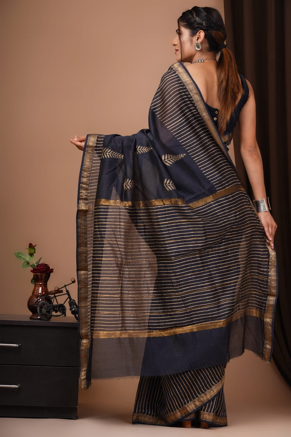 Baltic Sea Black Handblock Kota Doriya Saree