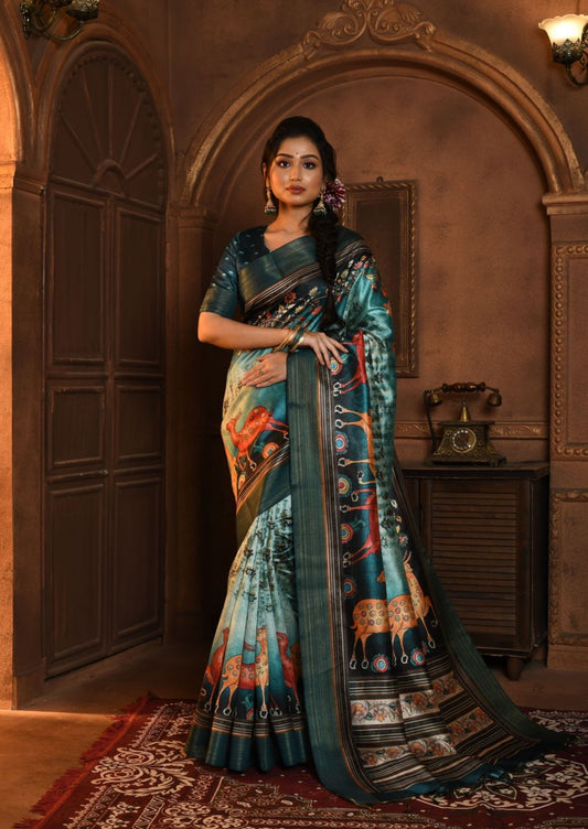 Premium Soft Tussar Silk Saree With Beautiful Kalamkari Print & Zari Pallu