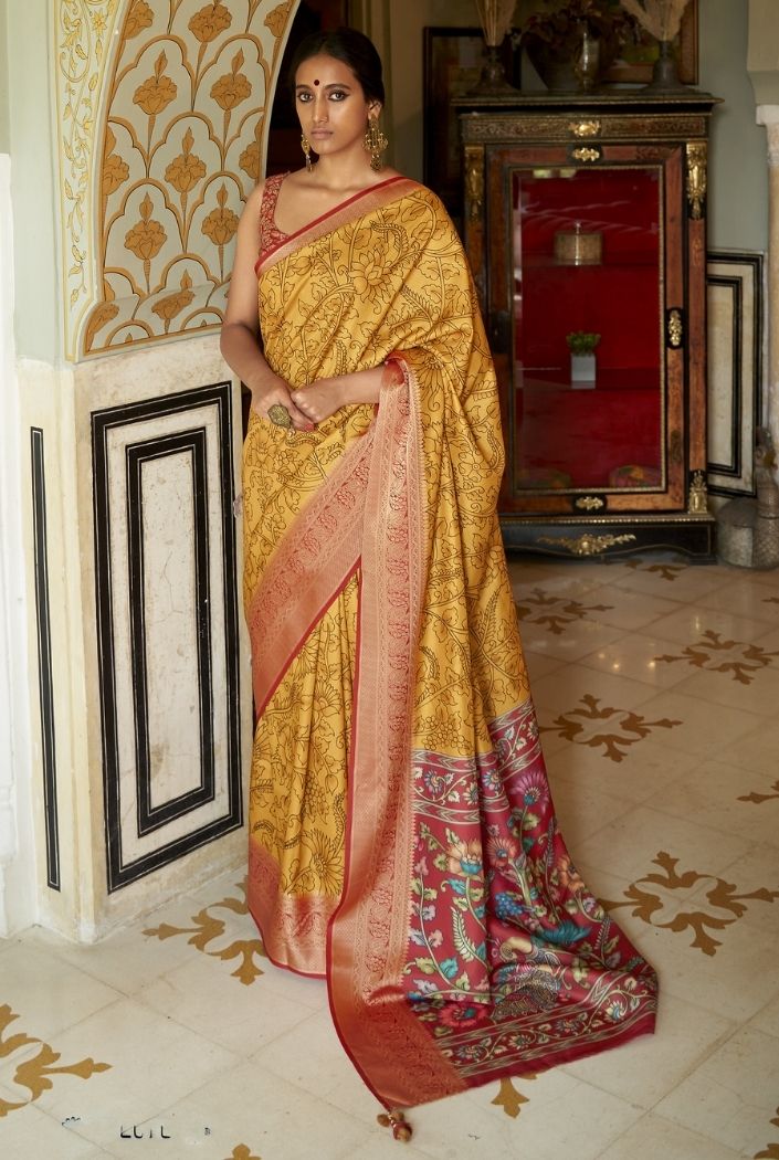 Tussock Yellow Printed Kalamakri Silk Saree