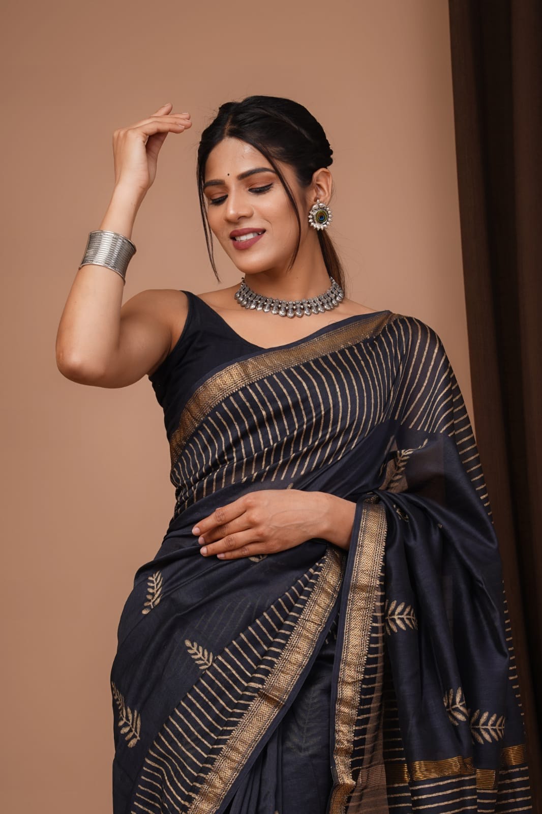 Baltic Sea Black Handblock Kota Doriya Saree