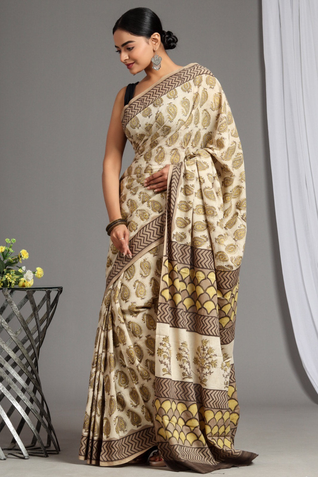 Barley Corn Brown Soft Mulmul Cotton Handblock Printed Saree