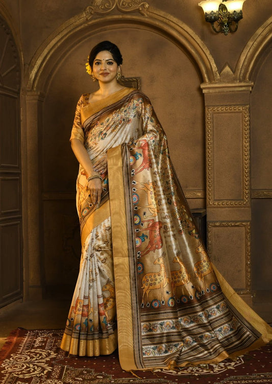 Premium Soft Tussar Silk Saree With Beautiful Kalamkari Print & Zari Pallu