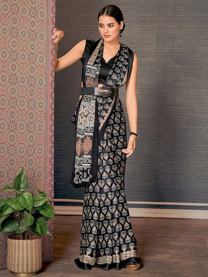 Onyx Black Digital Printed Ajrakh Satin Crepe Saree