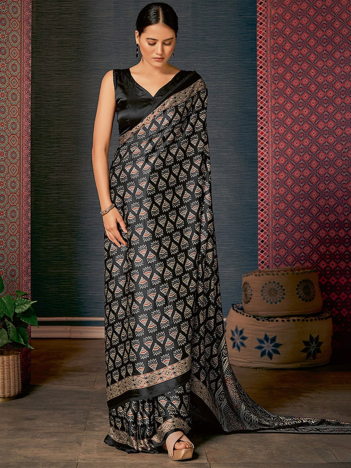 Onyx Black Digital Printed Ajrakh Satin Crepe Saree