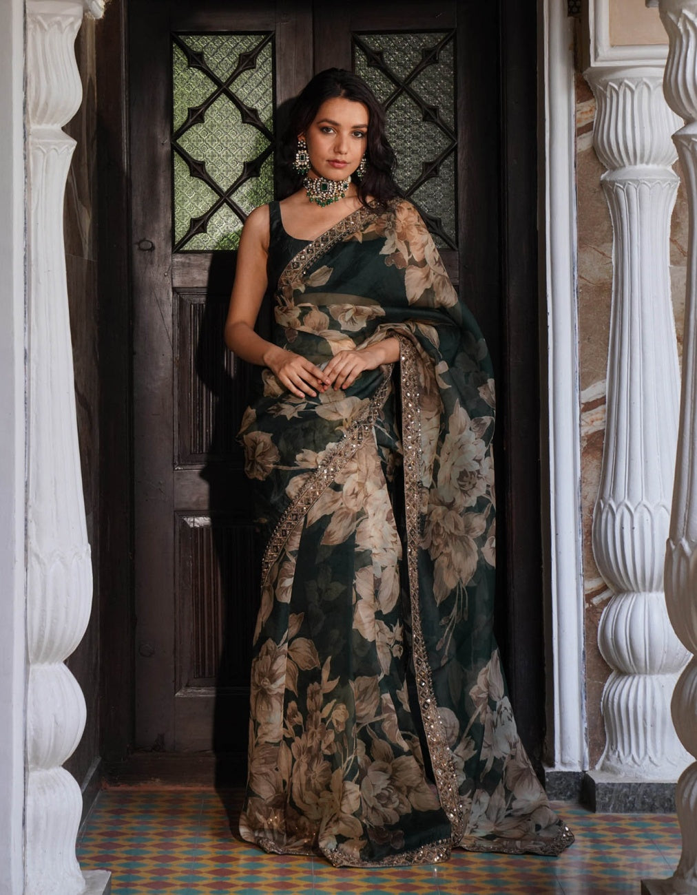 Bottle Green Floral Taby Organza Saree