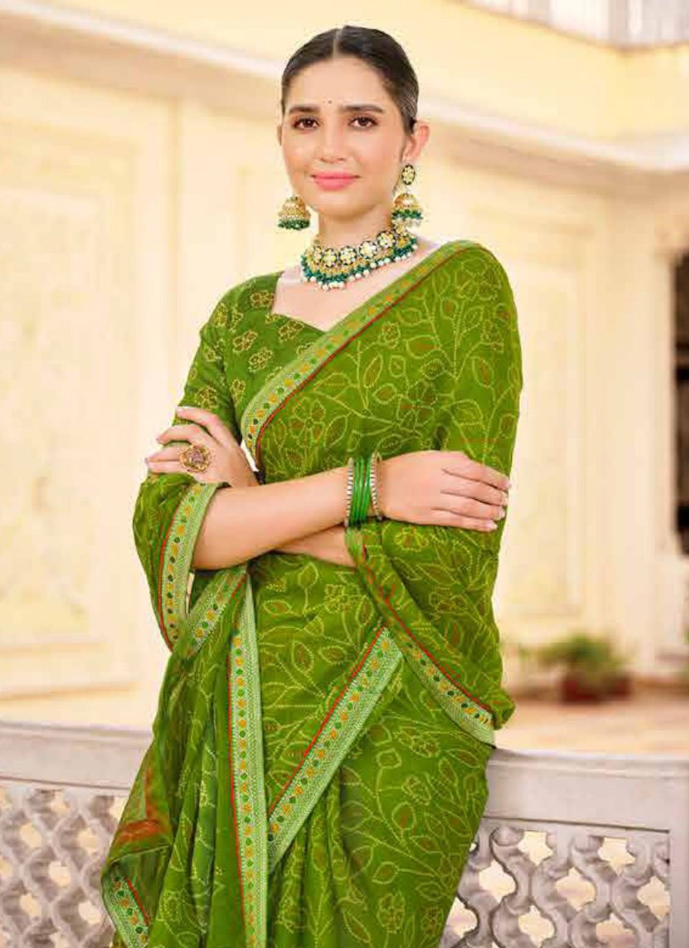 Earls Green Chiffon Bandhani Saree