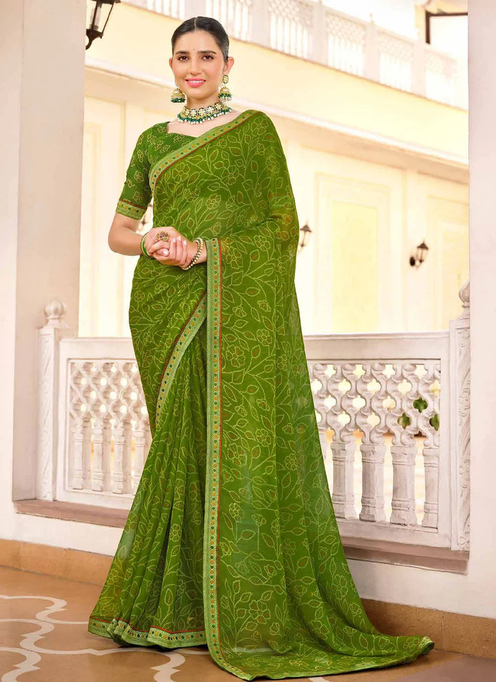 Earls Green Chiffon Bandhani Saree