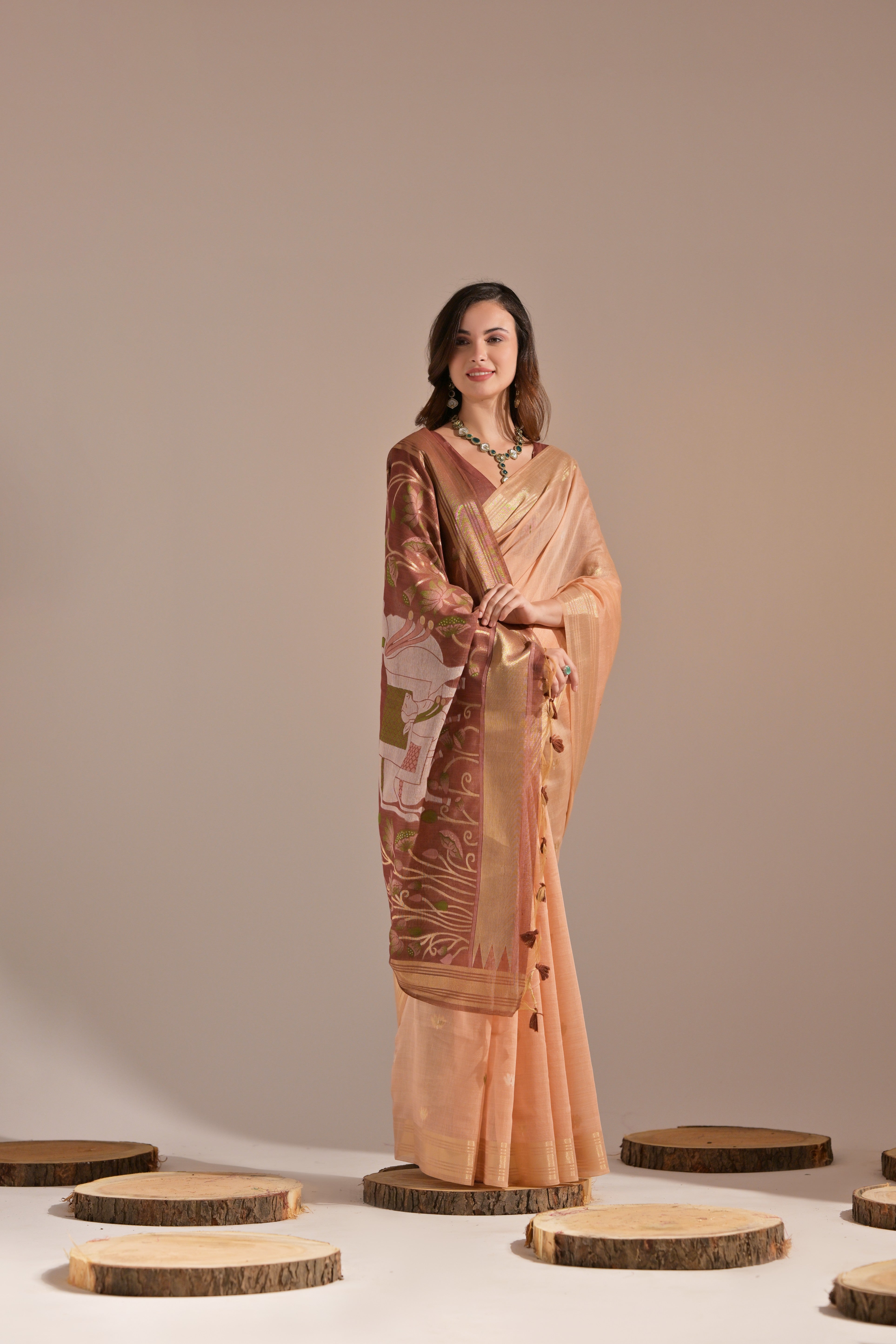 Plum Peach Woven Muga Cotton Saree