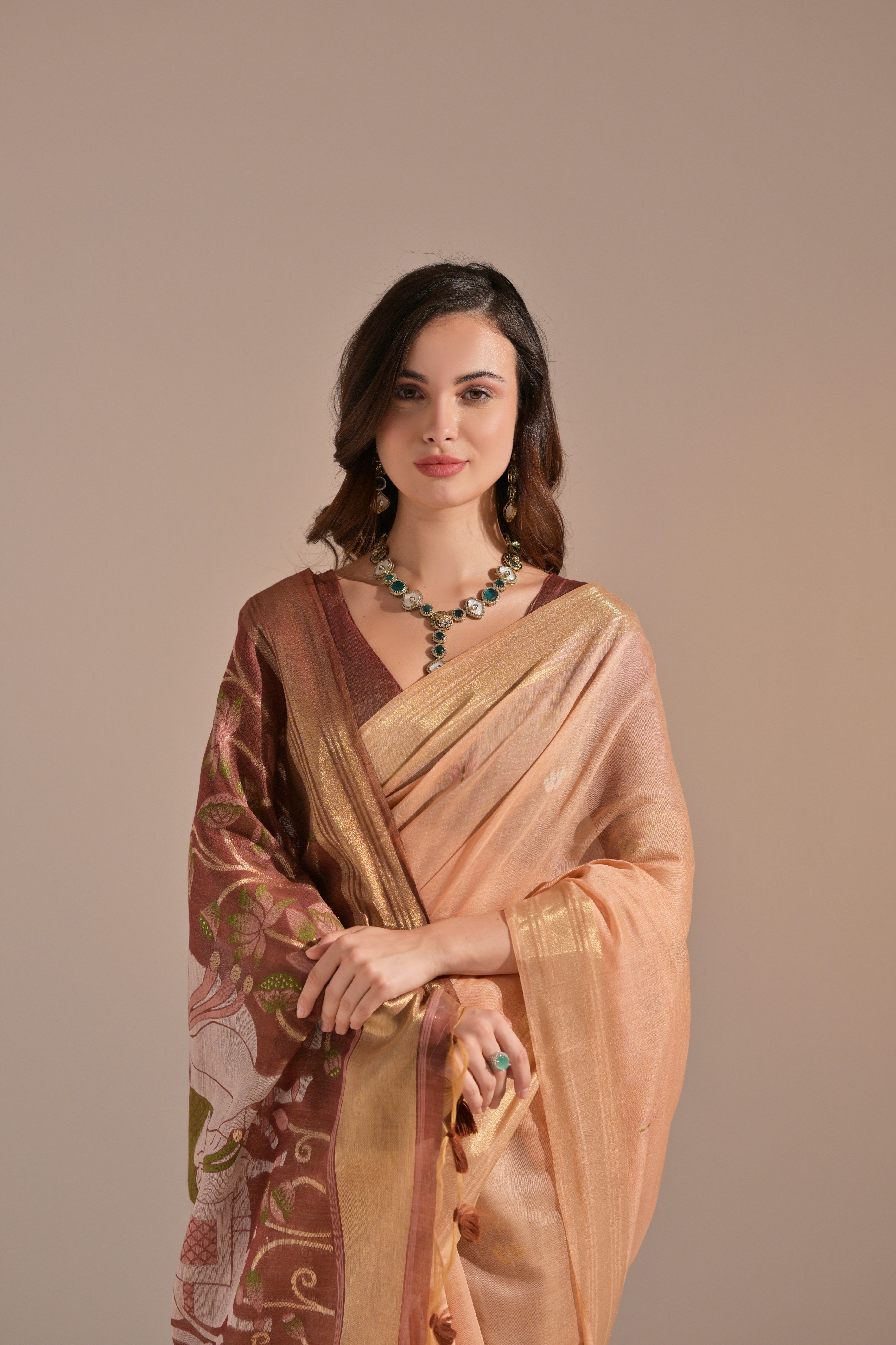 Plum Peach Woven Muga Cotton Saree