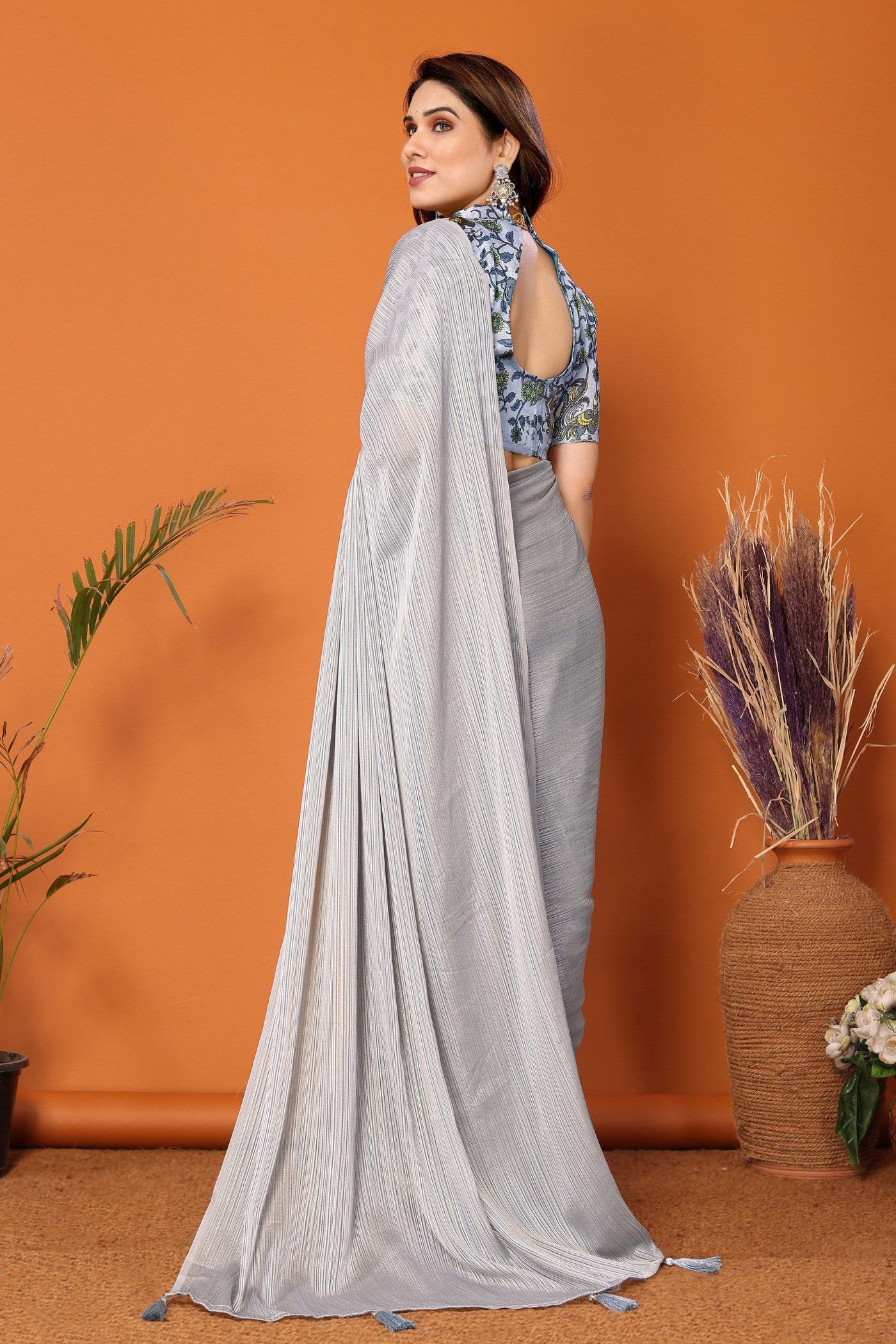 Silver Grey Solid Plain Saree