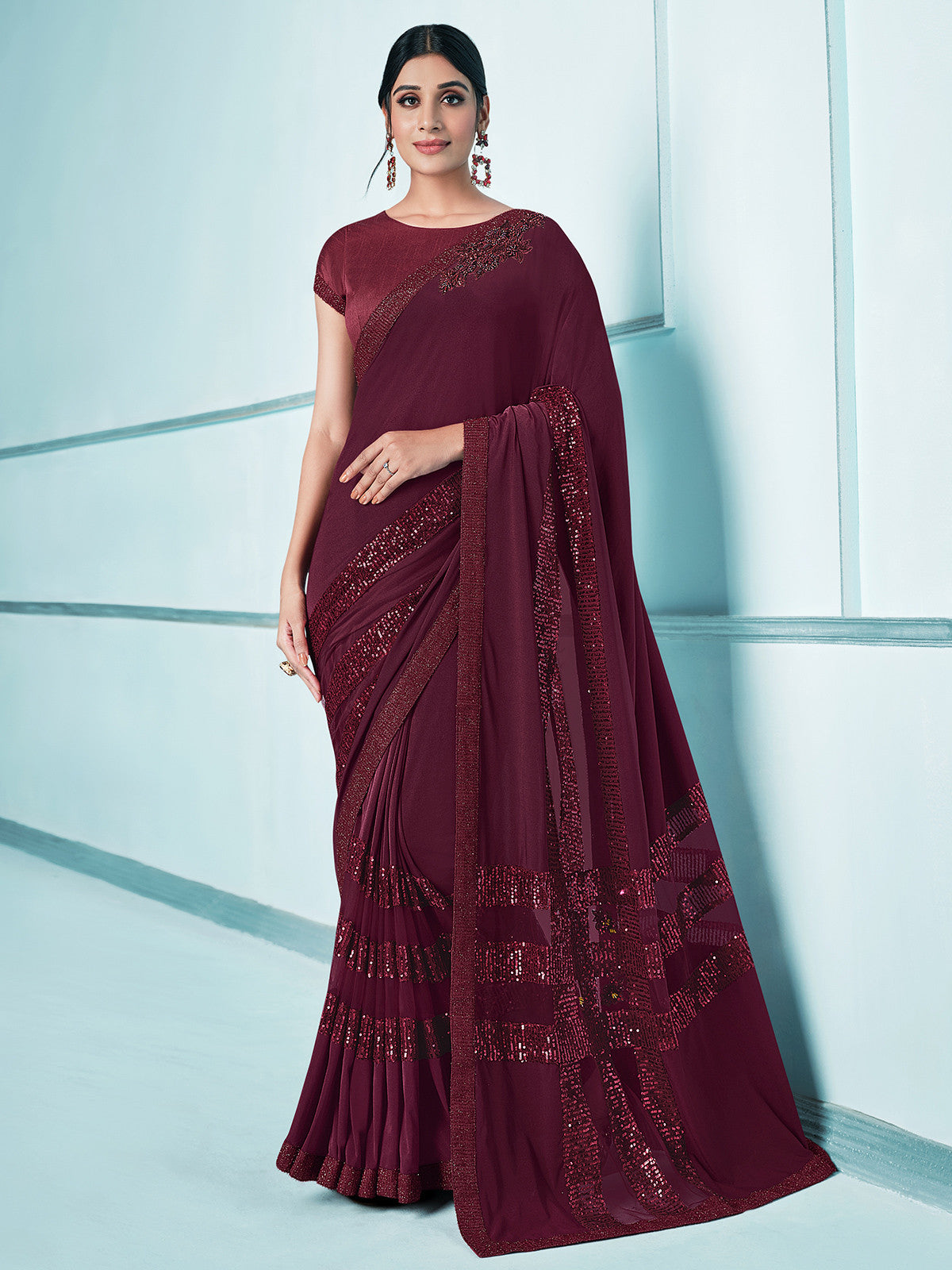 Twilight Maroon Embroidery Designer Georgette Partywear Saree