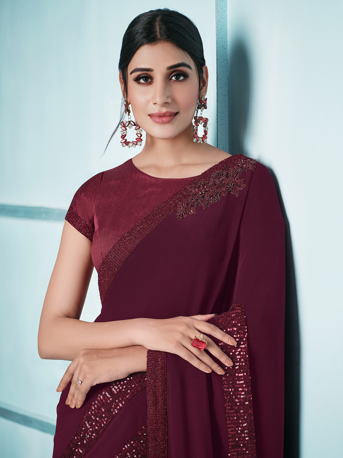 Twilight Maroon Embroidery Designer Georgette Partywear Saree