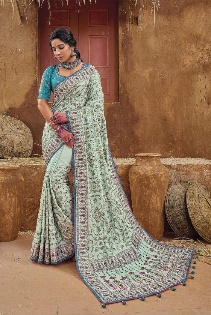 Pale Leaf Green Embroidered Designer Kacchi Work Saree