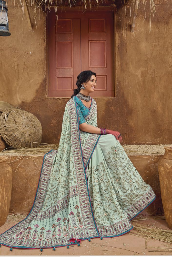 Pale Leaf Green Embroidered Designer Kacchi Work Saree