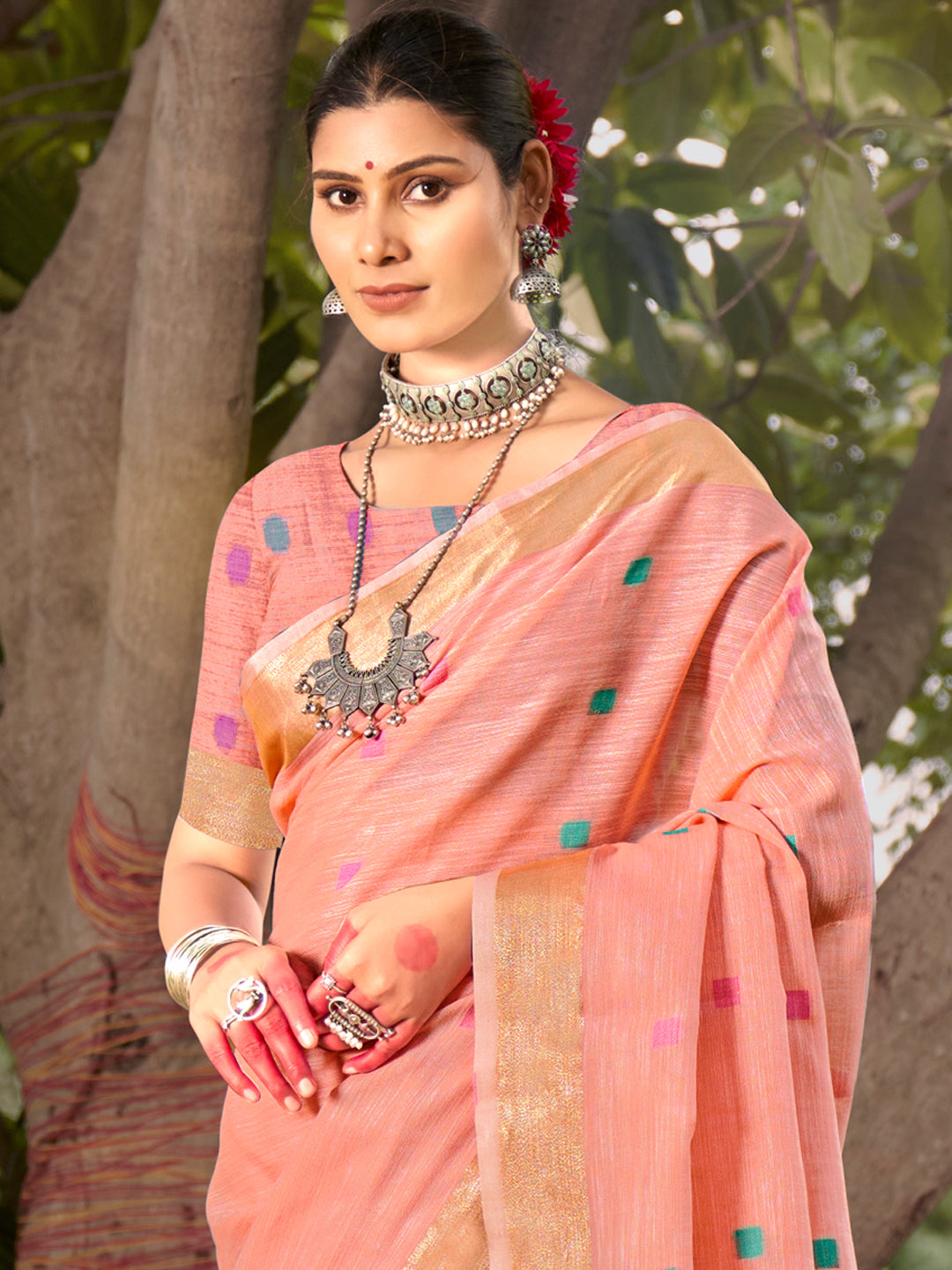 Tacao Peach Cotton Silk Saree