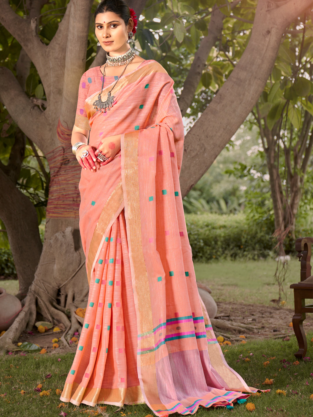 Tacao Peach Cotton Silk Saree