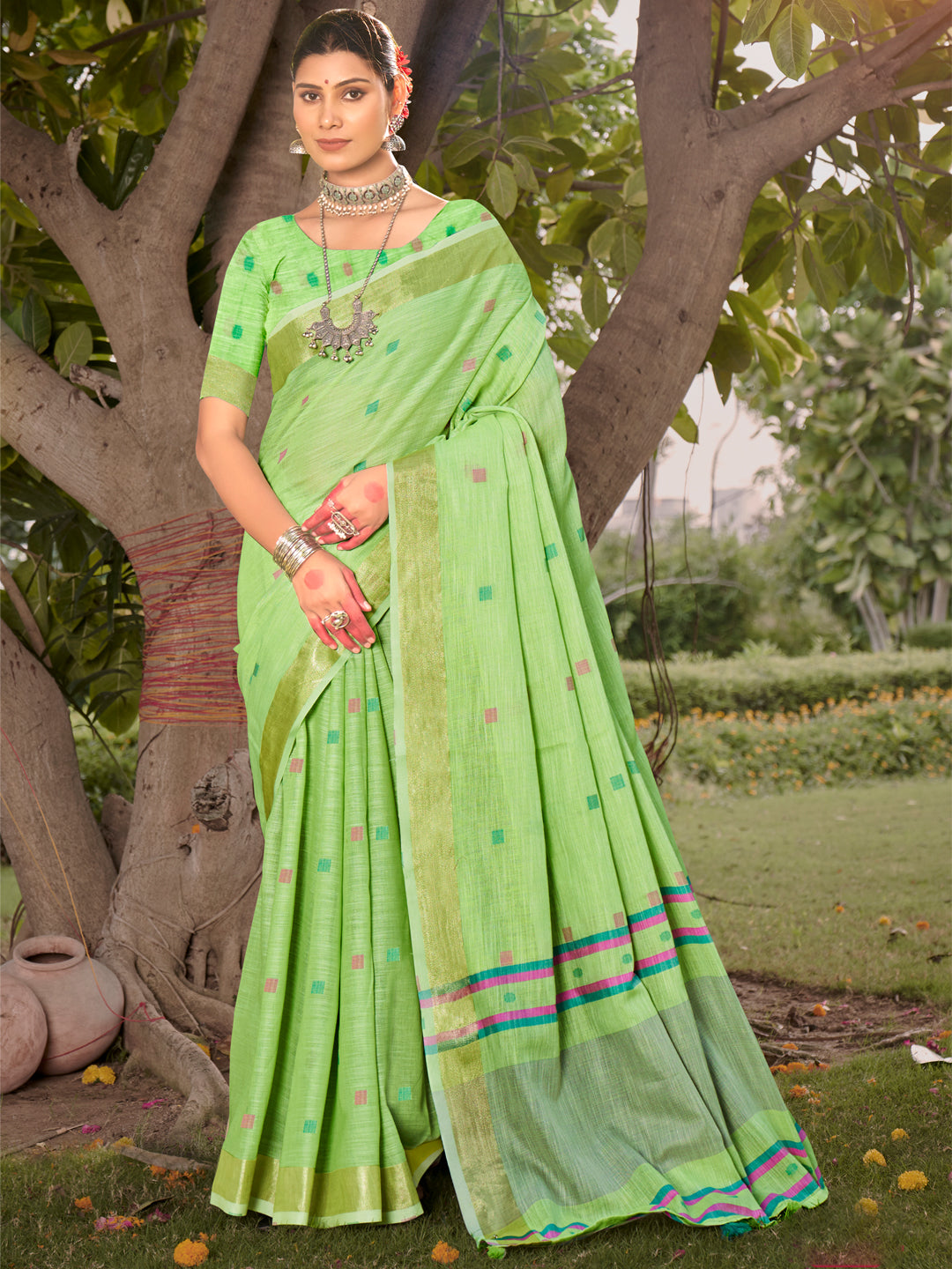 Pista Green Cotton Silk Saree