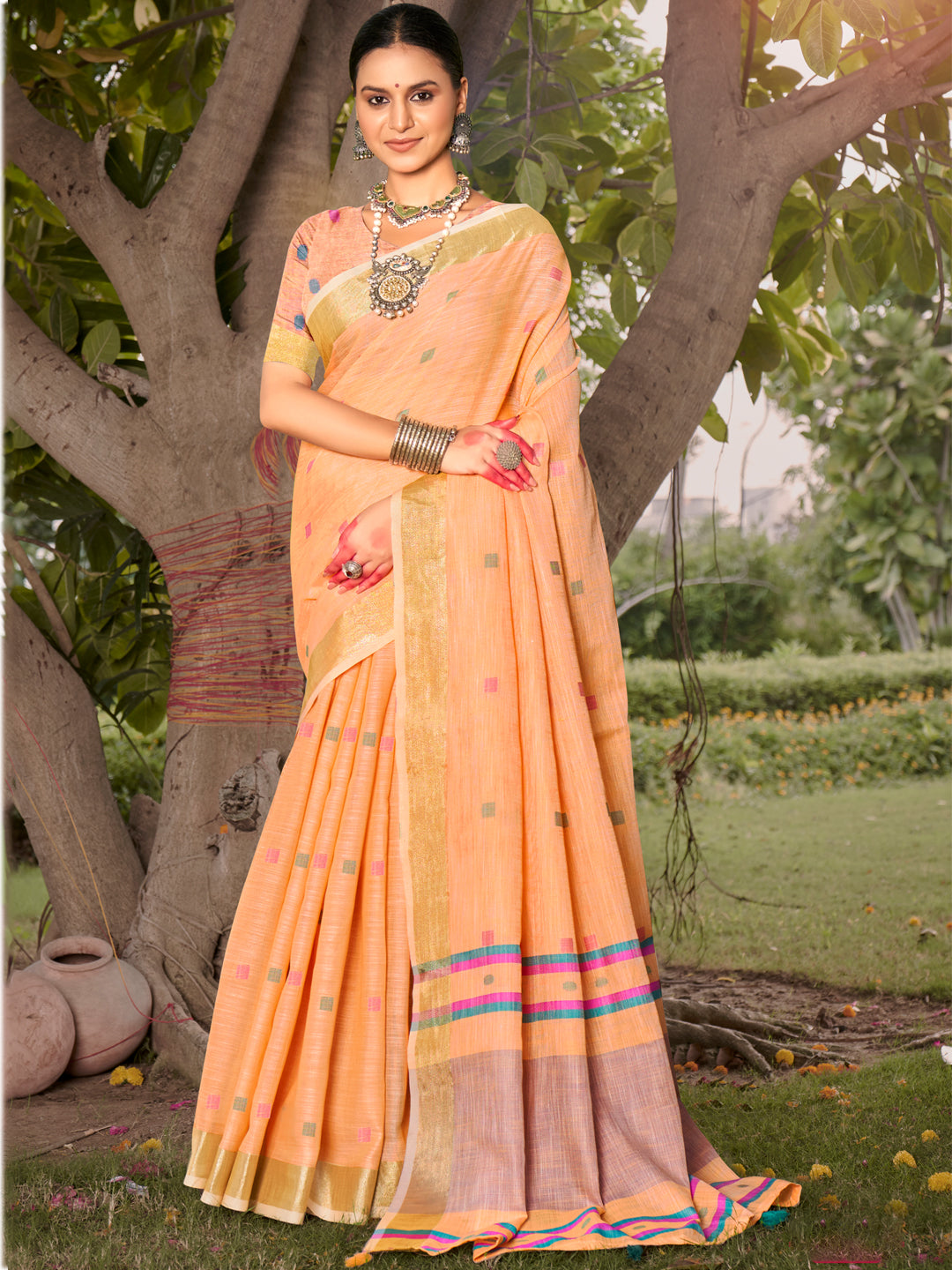 Peach Orange Cotton Silk Saree