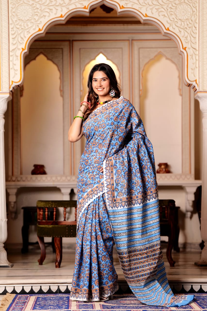 Hoki Blue Pure Cotton Handblock Printed Saree