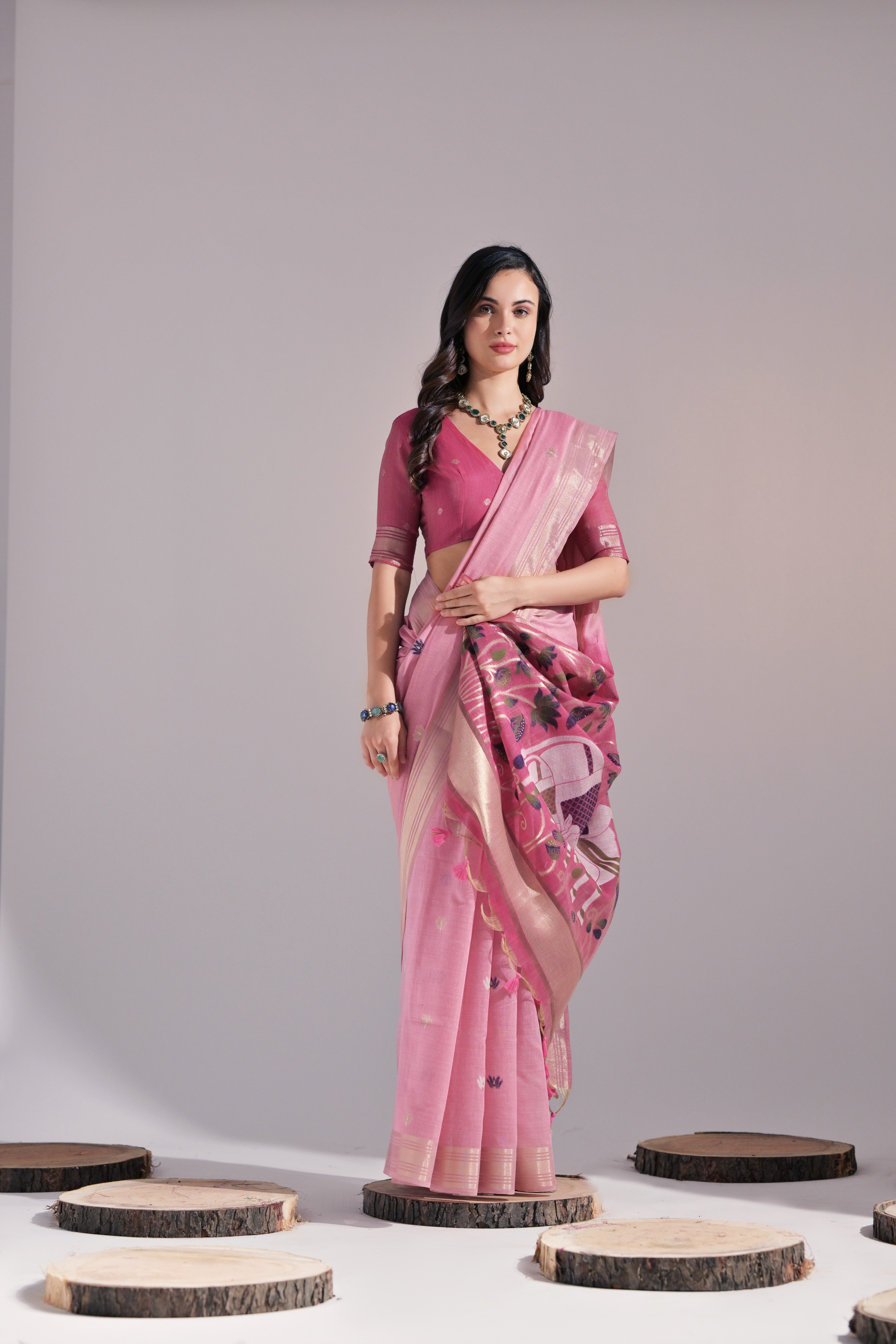 Baby Pink Woven Muga Cotton Saree