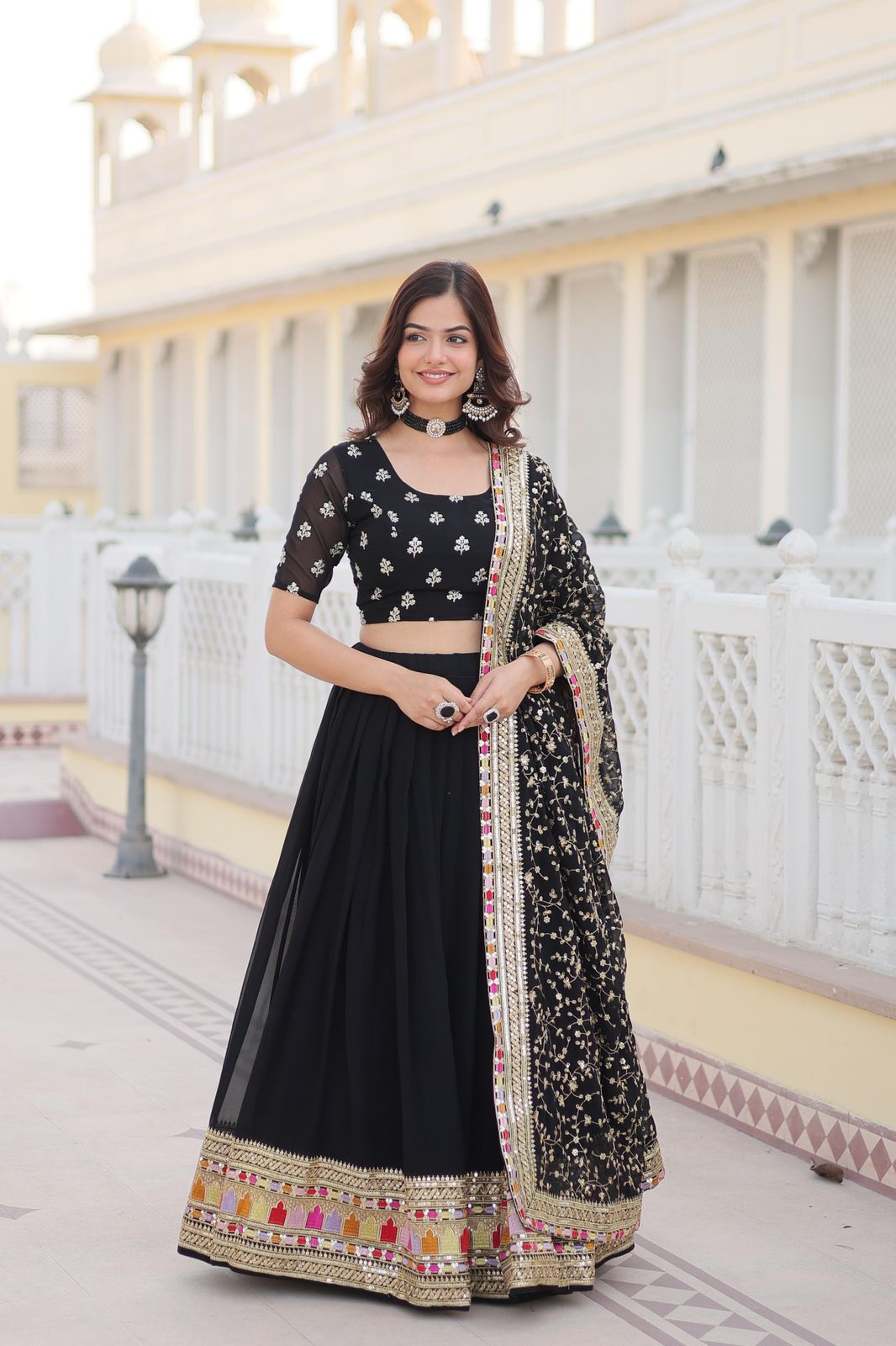 Trending Black Embroidered Fully Flaired Georgette Lehenga With Rich Sequins And Thread Embroidered Work